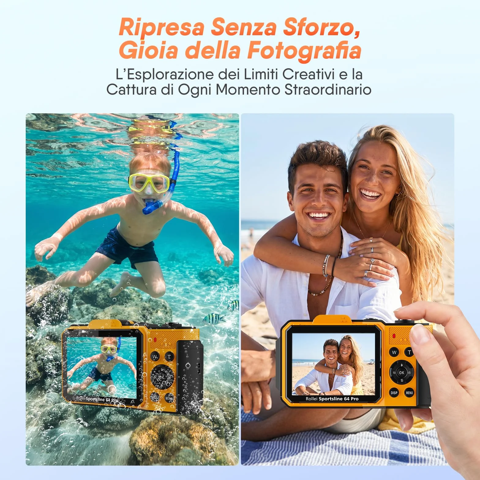 Macchina Fotografica Subacquea, Rollei Sportsline 64 Pro Fotocamera Subacquea Digitale 5K 64MP Telecamera Impermeabile con Sensore Sony 21MP Zoom Digitale 18X per Snorkeling Immersioni Nuoto