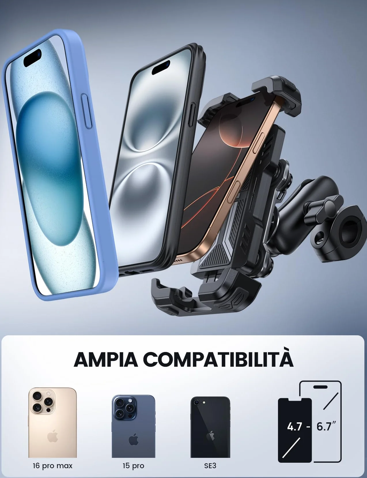 Lamicall Supporto Telefono Moto Antifurto Doppio Antivibrazione Braccio Estensione Metallo, Porta Telefono Bici, 2 x 360° Girevole Supporto Manubrio per iPhone 17 16 15 14 e 4,7-6,7" Smartphone