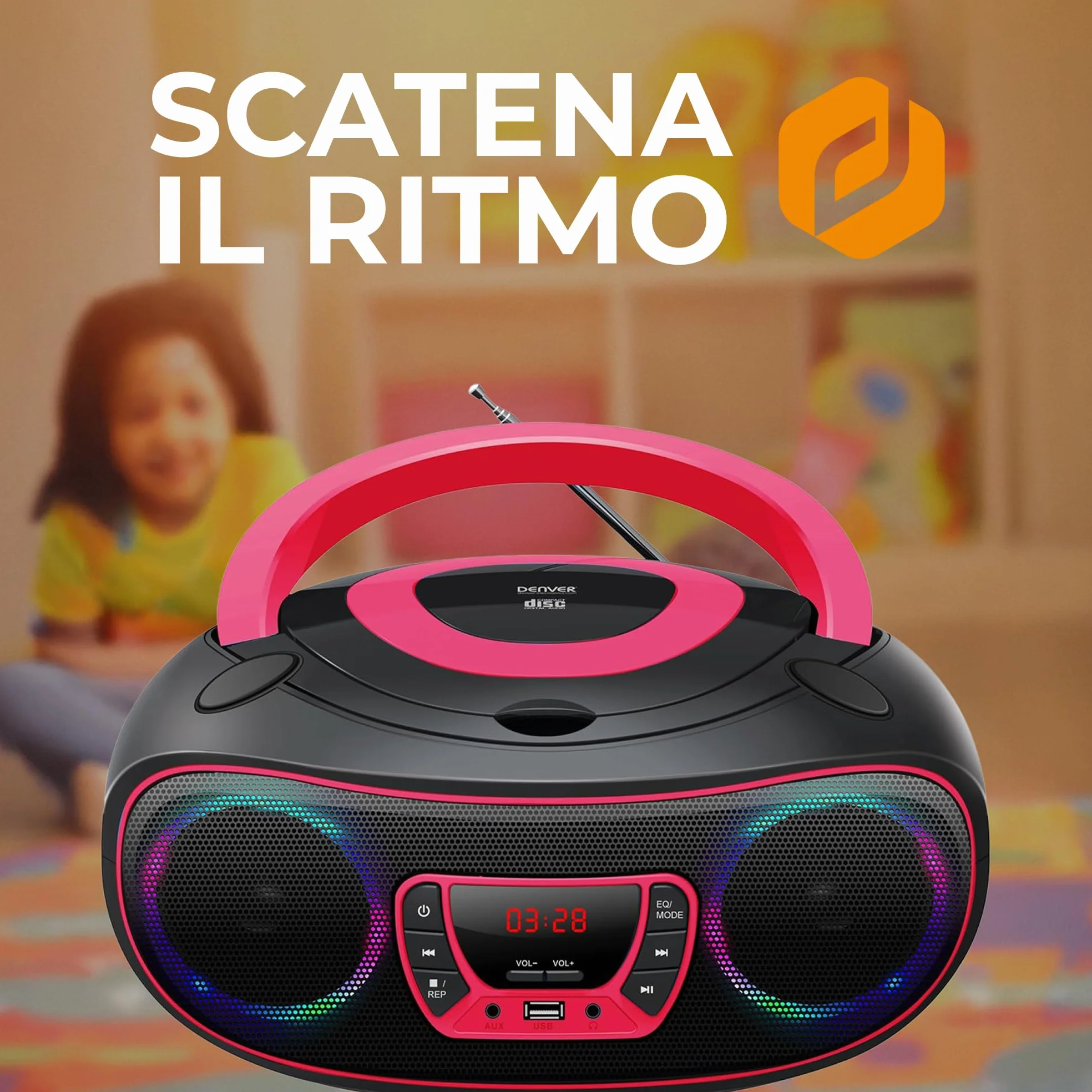 Lettore CD Portatile con Bluetooth Denver TCL-212BT Rosa. Boombox. FM Radio. Volume 2x2W. Ingresso USB, AUX e per Cuffie. Effetto luci.