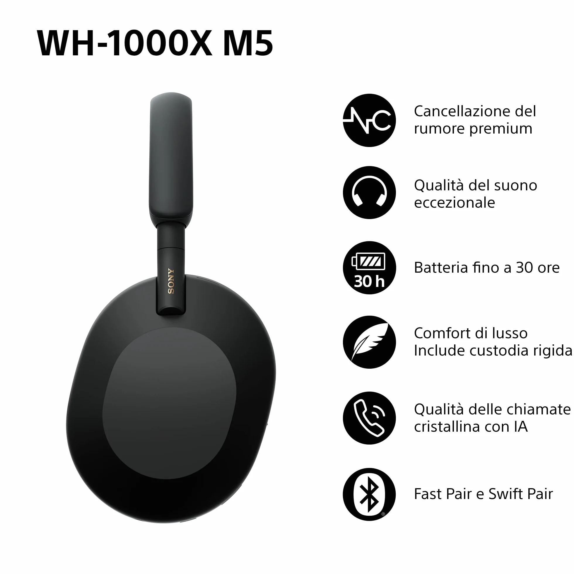 Sony WH-1000XM5 Custodia Rigida |Cuffie Wireless Over-Ear, Noise Cancelling di Nuova Generazione con Spatial Audio, Fino a 30 Ore di Batteria, Bluetooth, Black