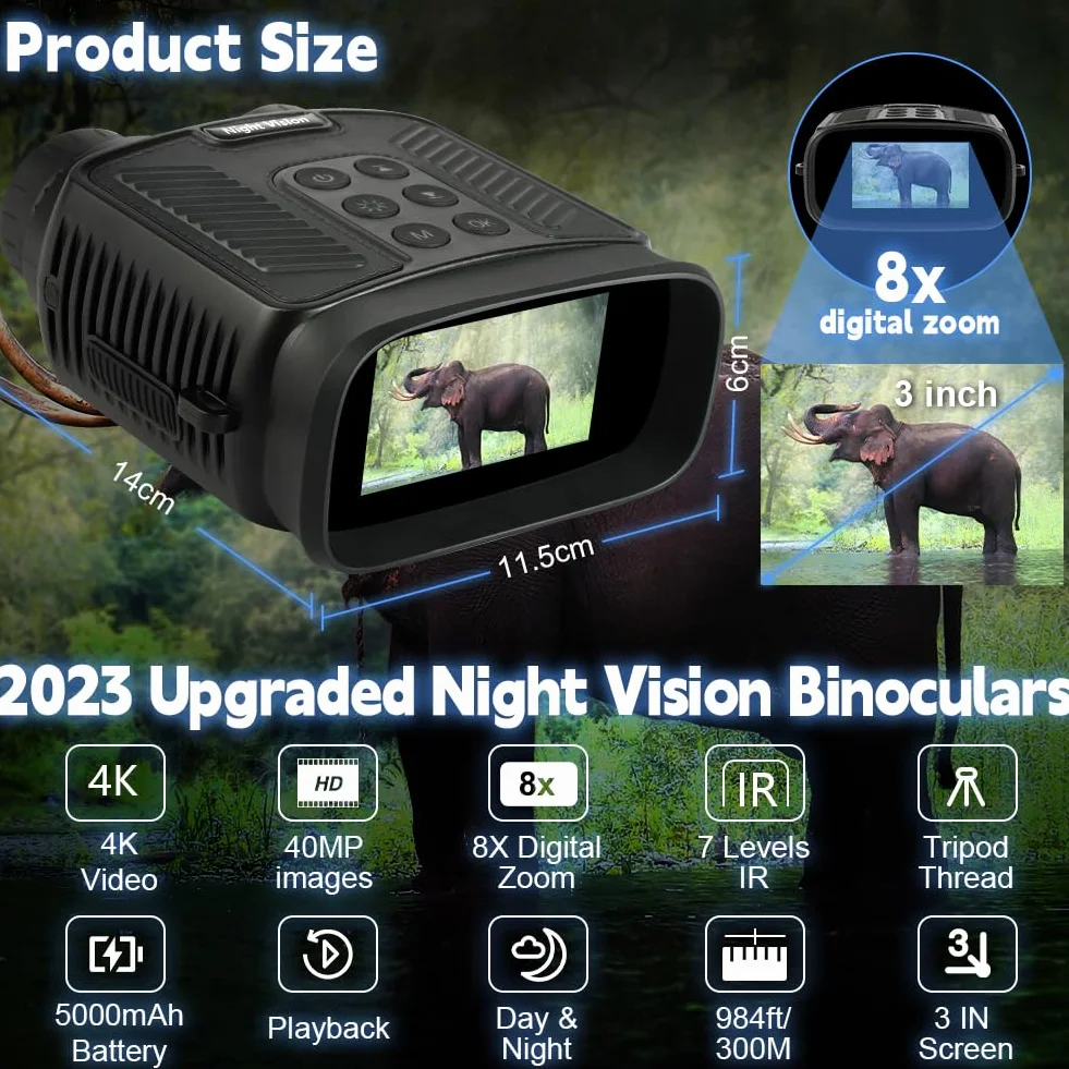 Vicloon 4K Binocolo Visione Notturna, Ricaricabile 5000mAh 8X Zoom Digitale, Visibile 300M, 3" HD Schermo, 7-Livelli Infrarossi, Militare Binocolo Notturno per la Caccia Campeggio, 32GB