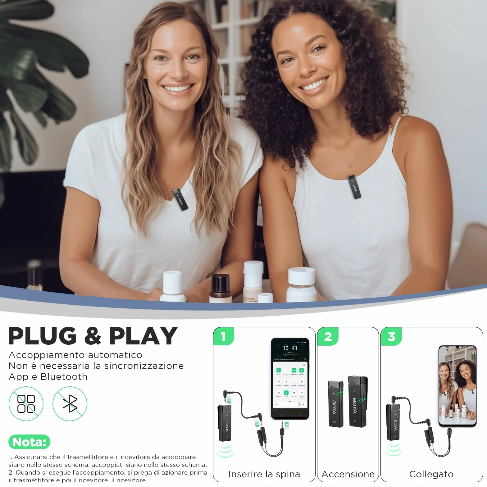 BOYA by-W4 - Microfono lavalier wireless a 4 canali, per 4 persone, mini microfono wireless con risvolto con cancellazione del rumore e monitoraggio in tempo reale per YouTube Vlog interviste