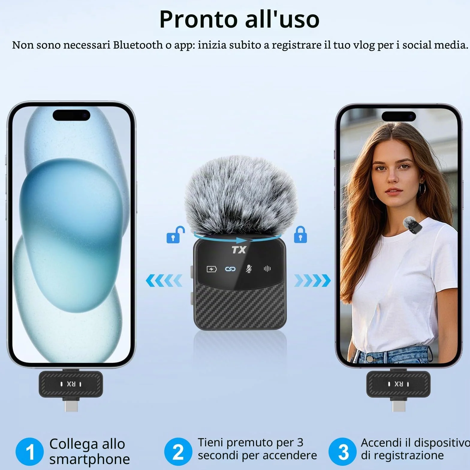 Microfono Lavalier Mini per iPhone/iPad/Android, Mini Microfono Plug-Play, Riduzione del Rumore, Durata di Utilizzo di 25 Ore, Microfono Senza Fili Lavalier per Video, Vlog, YouTube, TikTok, Streaming