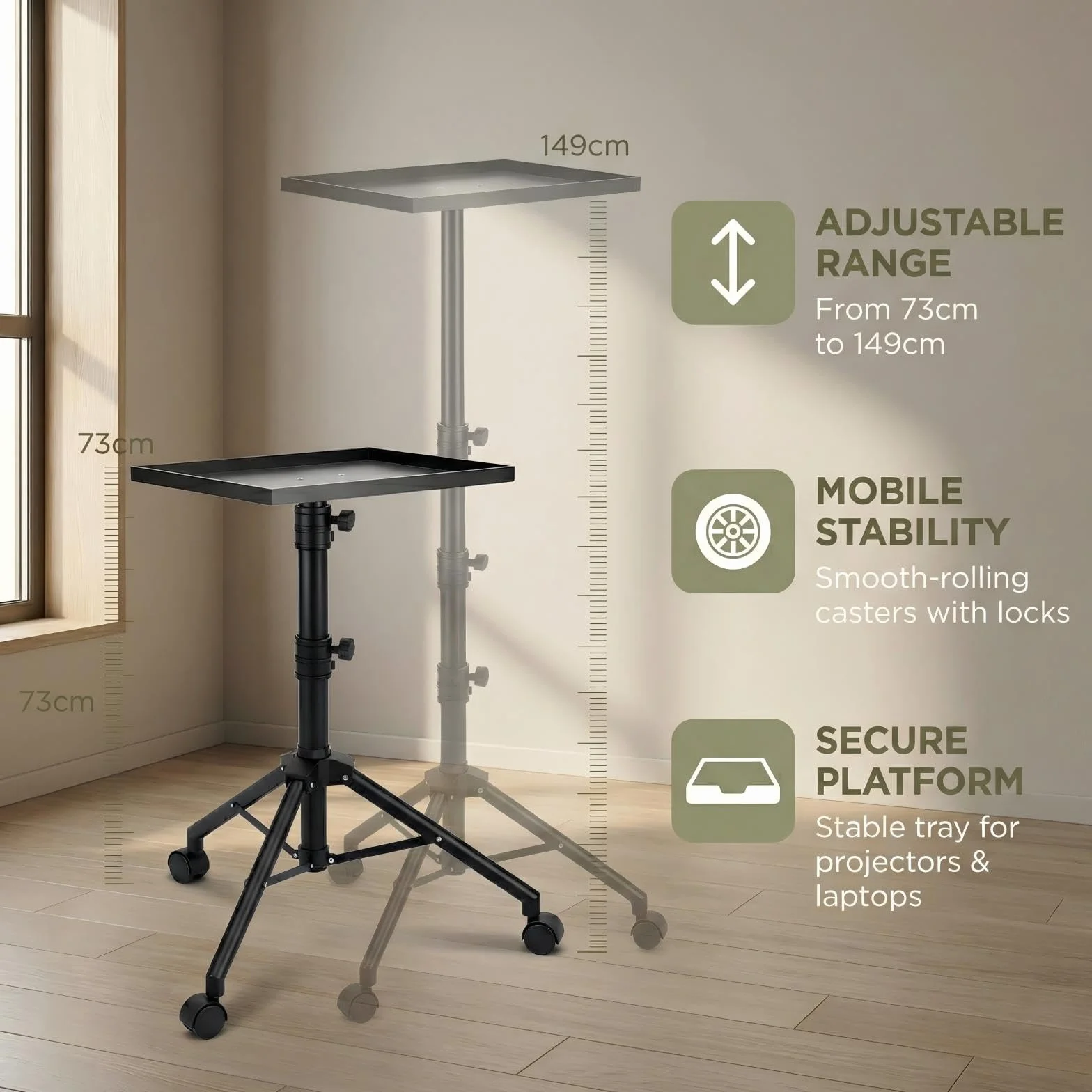 Supporto Proiettore,4-in-1 Supporto Musicale, Treppiede Proiettore Portatile da Pavimento, Supporto per Proiettore con Ruote - Regolabile in Altezza, 73 a 149 Centimetri, Ruotato di 180°