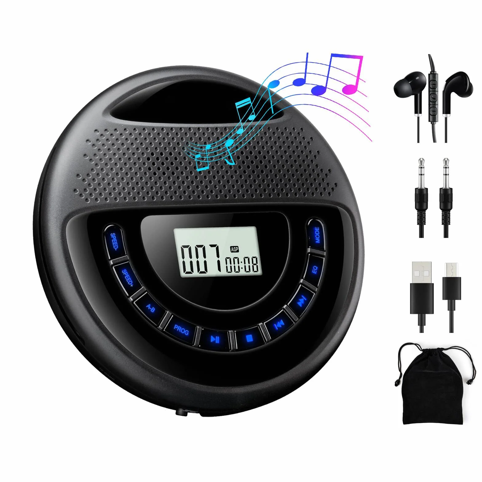 Gueray Lettore CD Portatile AUX con Altoparlanti e Batteria al litio 1400 mAh incorporato e Cuffia Supporto per Riproduzione di schede TF