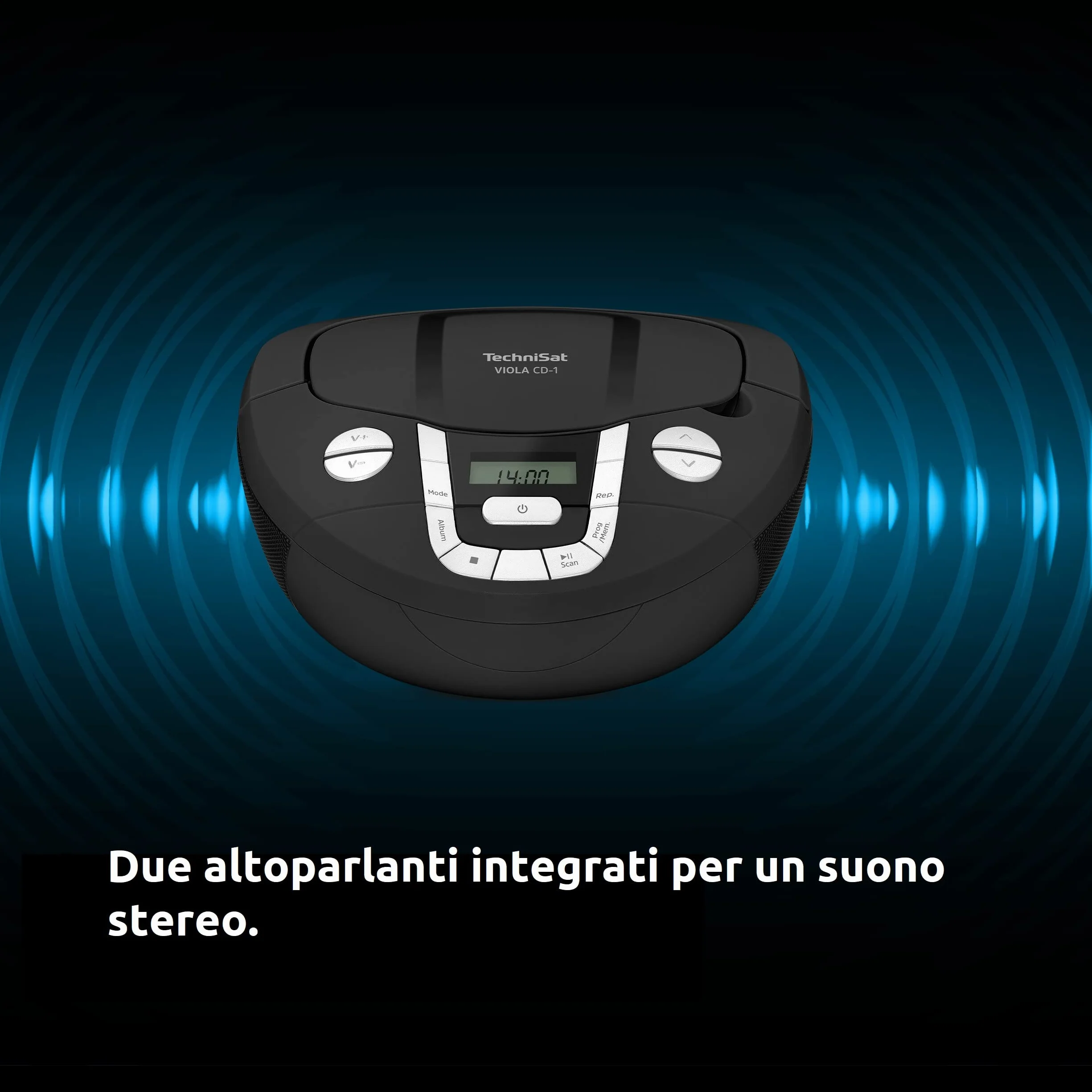 TechniSat VIOLA CD-1 - lettore CD stereo portatile con maniglia per il trasporto, boombox nera, sintonizzatore radio FM, ricezione Bluetooth, potenza di 2 x 1 W RMS, alimentazione a rete e a batteria