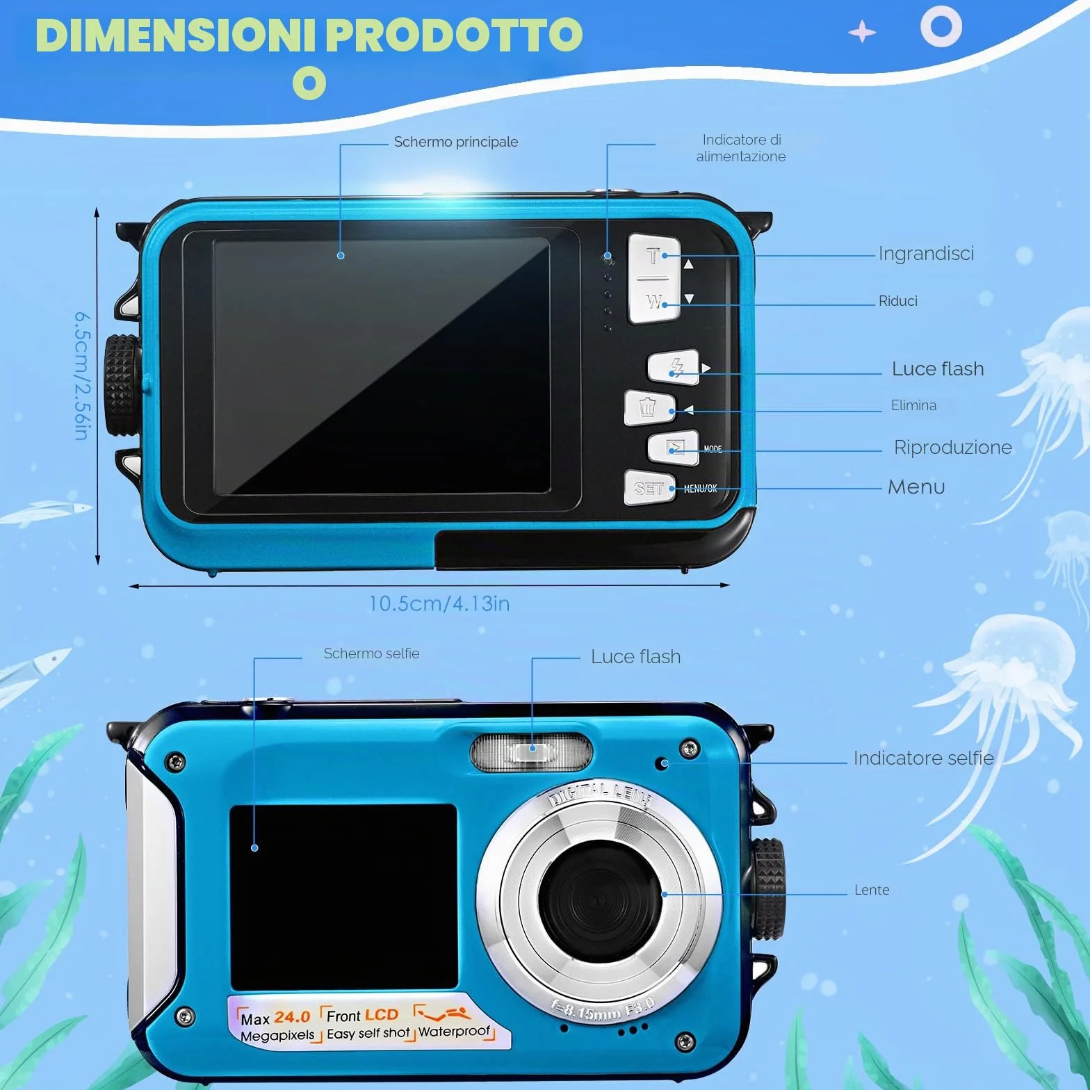 Fotocamera subacquea, Full HD 2.7K 24MP fotocamera digitale impermeabile, fotocamera compatta impermeabile 10FT, zoom digitale 16X, autofocus, fotocamera anti-shake per bambini, adolescenti