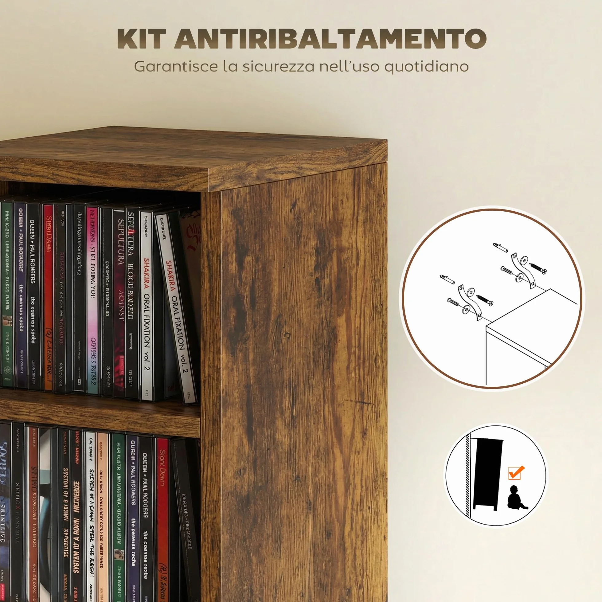 HOMCOM Scaffale Porta CD 2 Pezzi a 6 Ripiani, Scaffale Libreria in Legno per 204 CD ad Altezza Regolabile, 21x22.5x88.5 cm, Marrone Rustico