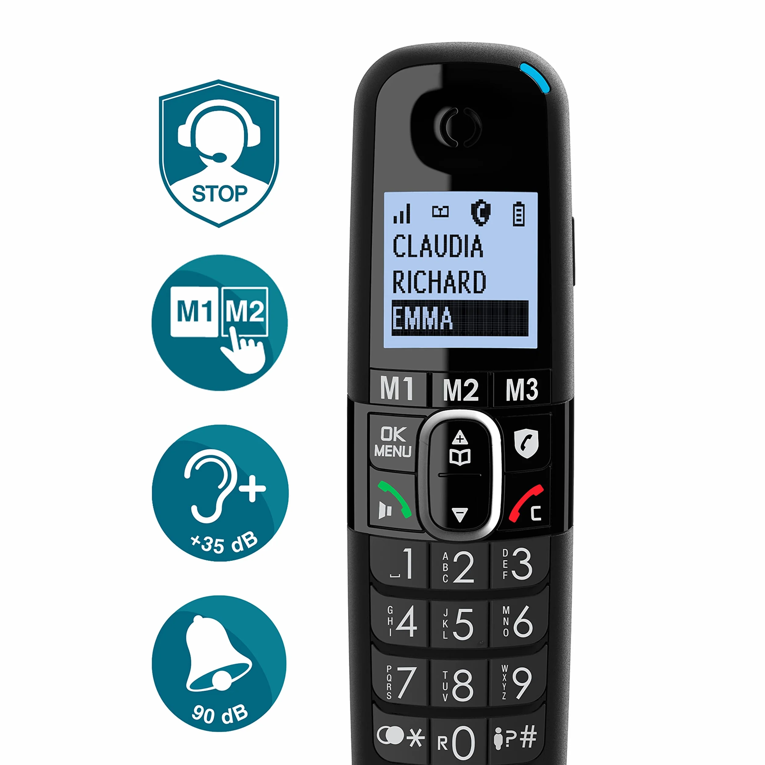 Amplicomms BigTel 1583 Trio Telefono cordless DECT con tastiera grande, amplificazione audio, suonerie forti, segreteria telefonica, compatibile con apparecchi acustici, protezione delle chiamate