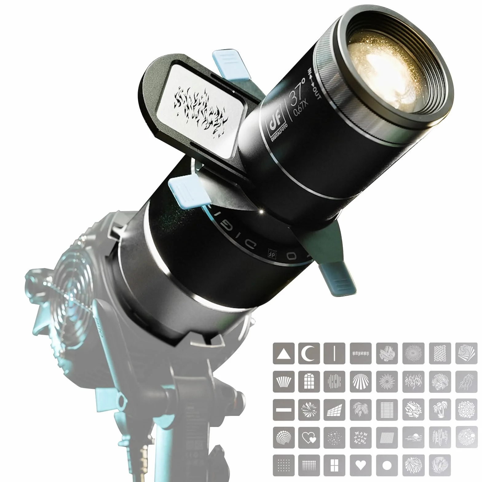 DF DIGITALFOTO Proiettore ottico Snoot Bowens Mount Gobo, con 39 Gobos, attacco di proiezione per faretto fotografico, compatibile con Aputure Amaran 100X/D 200D/X, Godox SL60, Nanlite FS150B