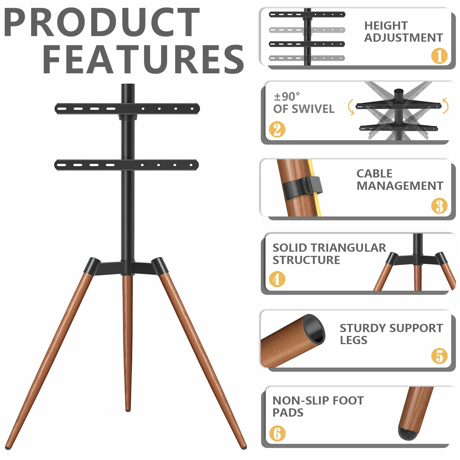 RFIVER Treppiede Supporto TV Cavalletto Tripod da Terra da 32 a 65 Pollici per Televisore da LCD/LED/OLED/QLED/Plasma Girevole 180° e Regolabile in Altezza Max Vesa 400 x 400mm 35kg Marrone