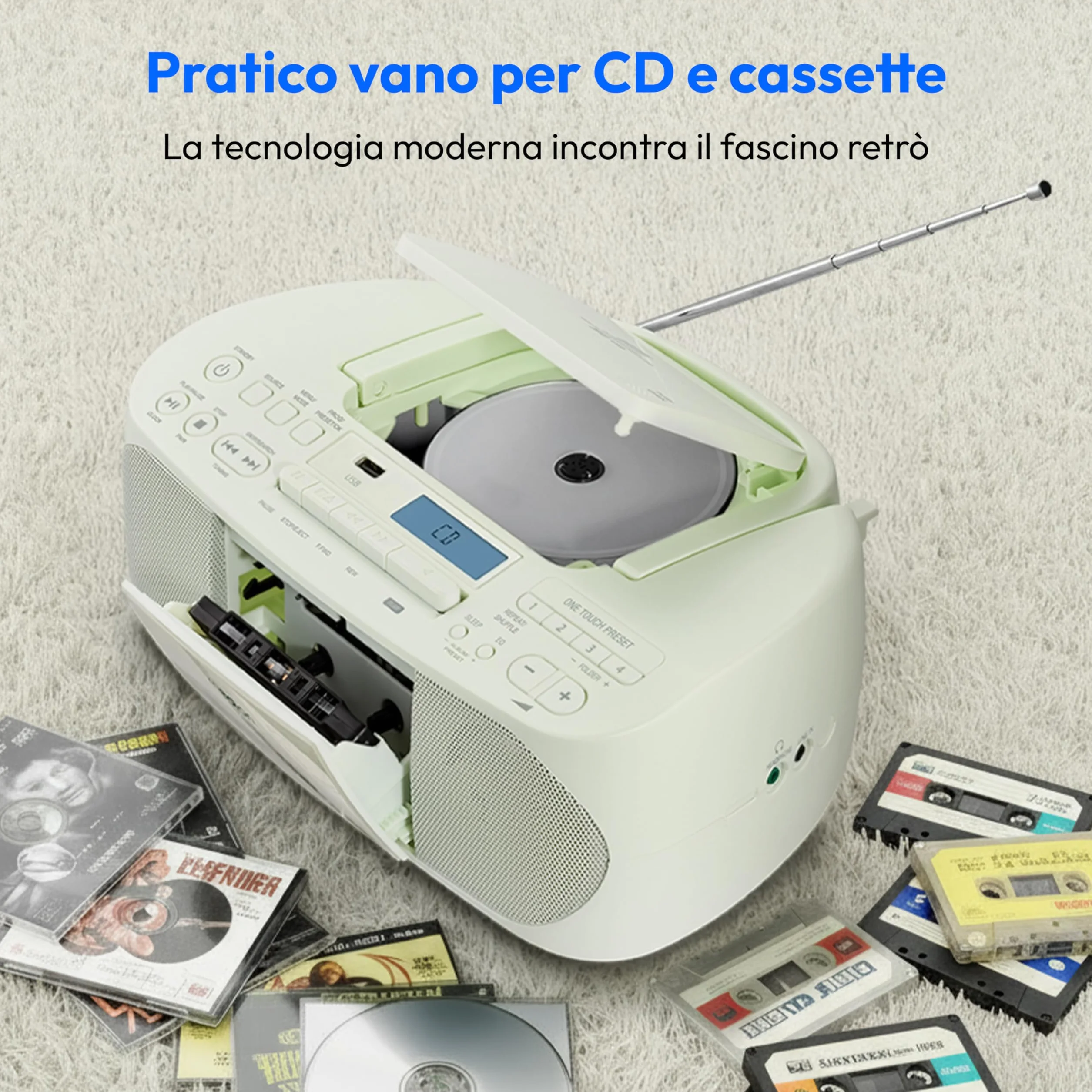 MEDION DRX-1 Plus Boombox (radio portatile DAB+ e FM, Bluetooth, lettore CD, MP3, cassetta, uscita cuffie, stereo, AUX, alimentazione rete & batteria) verde