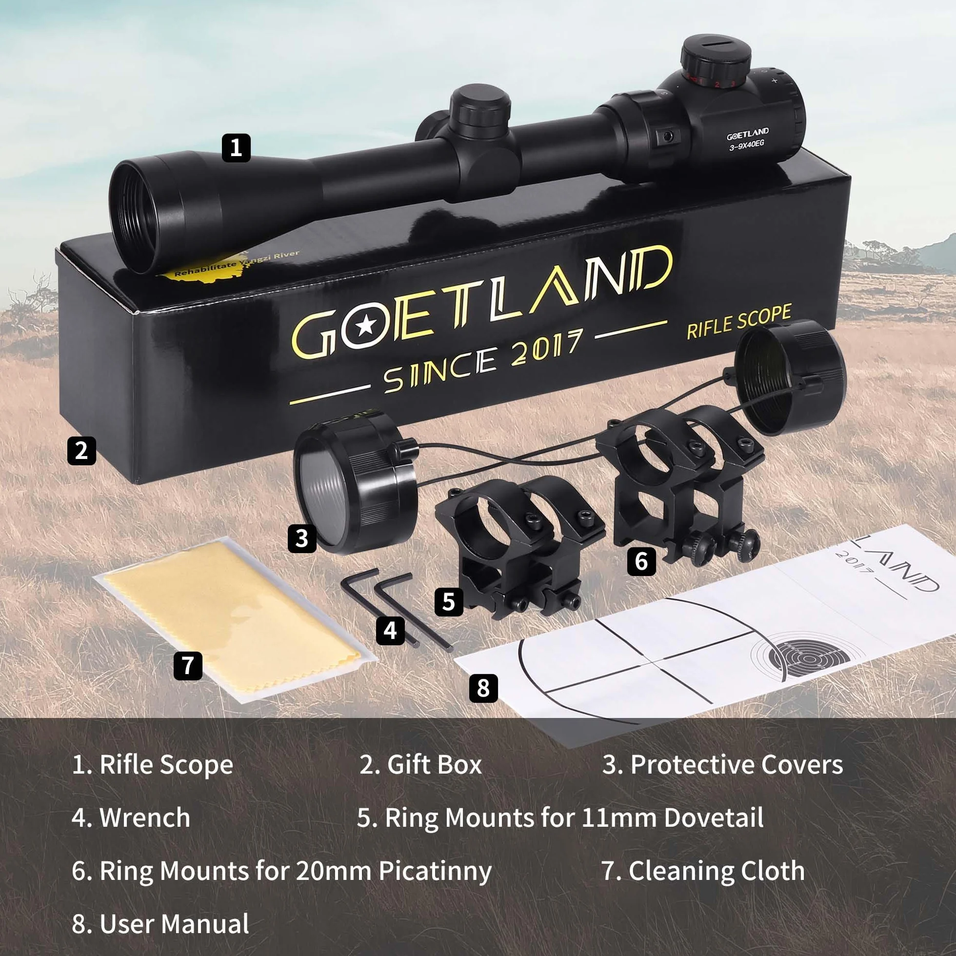 Goetland 3-9x40 EG Cannocchiale da Puntamento per Carabina Aria Compressa con Reticolo Illuminato Rosso e Verde