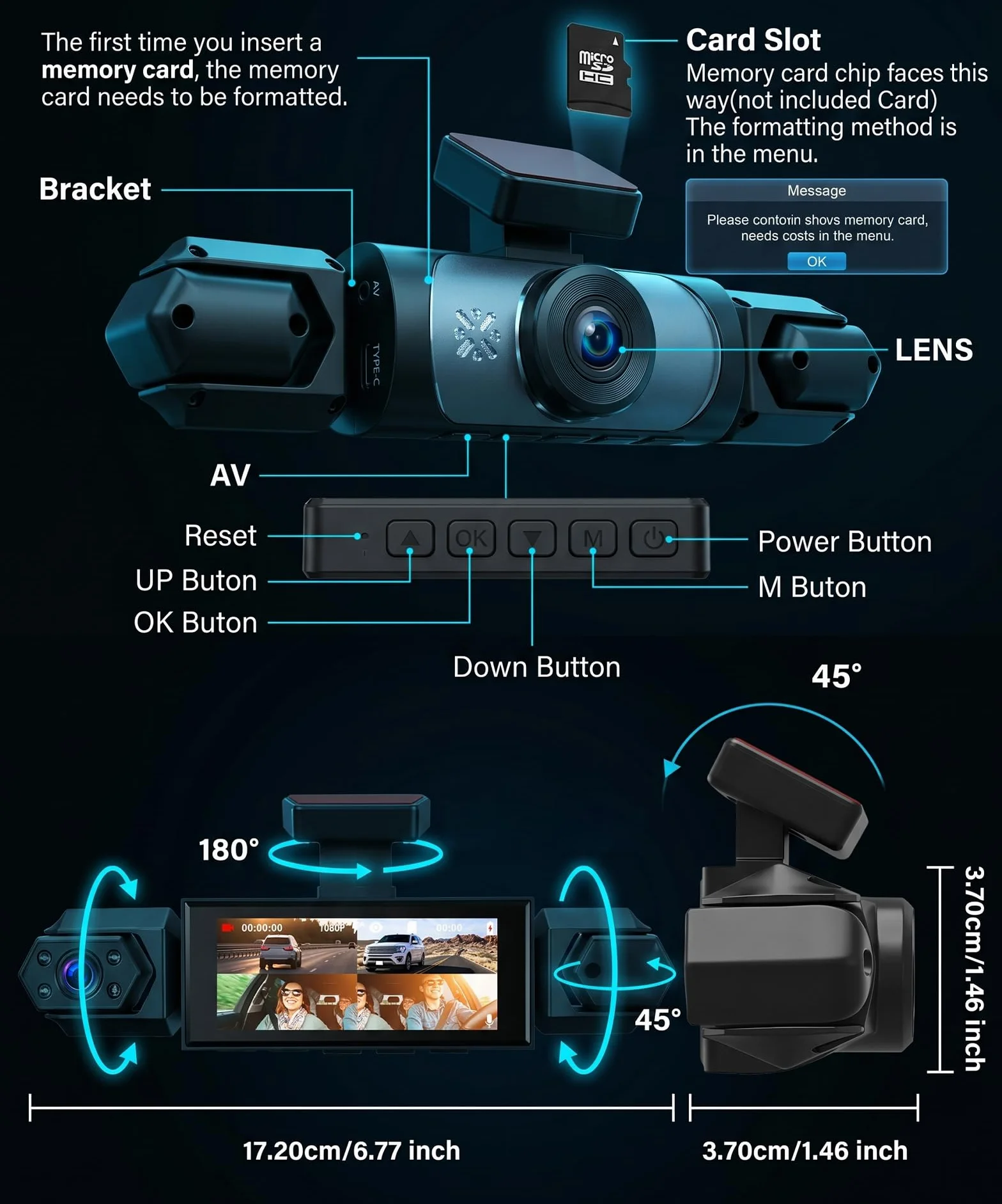 Rimoody 4 Canali 360° Dashcam Auto, 4 Telecamera HD 1080P Anteriore e Posteriore Sinistra Destra, 3.16 Pollici Schermo IPS Dash Cam con Visione Notturna 8 IR/Loop Video/24H Parcheggio Monitor