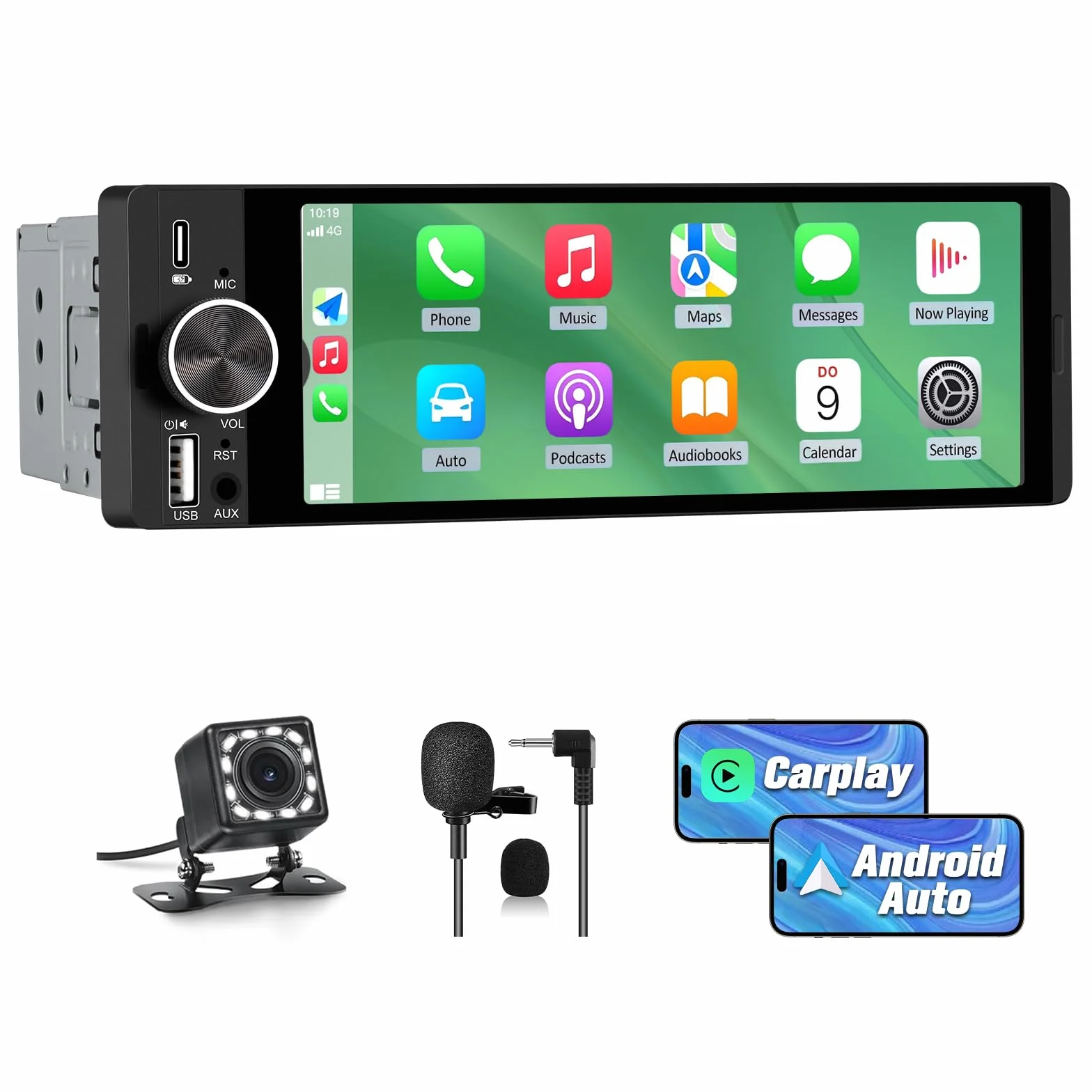 Autoradio 1 DIN con Schermo 6,28 pollici Car Radio Wireless CarPlay Android Auto Bluetooth FM AM RDS GPS AUX Tipo-C