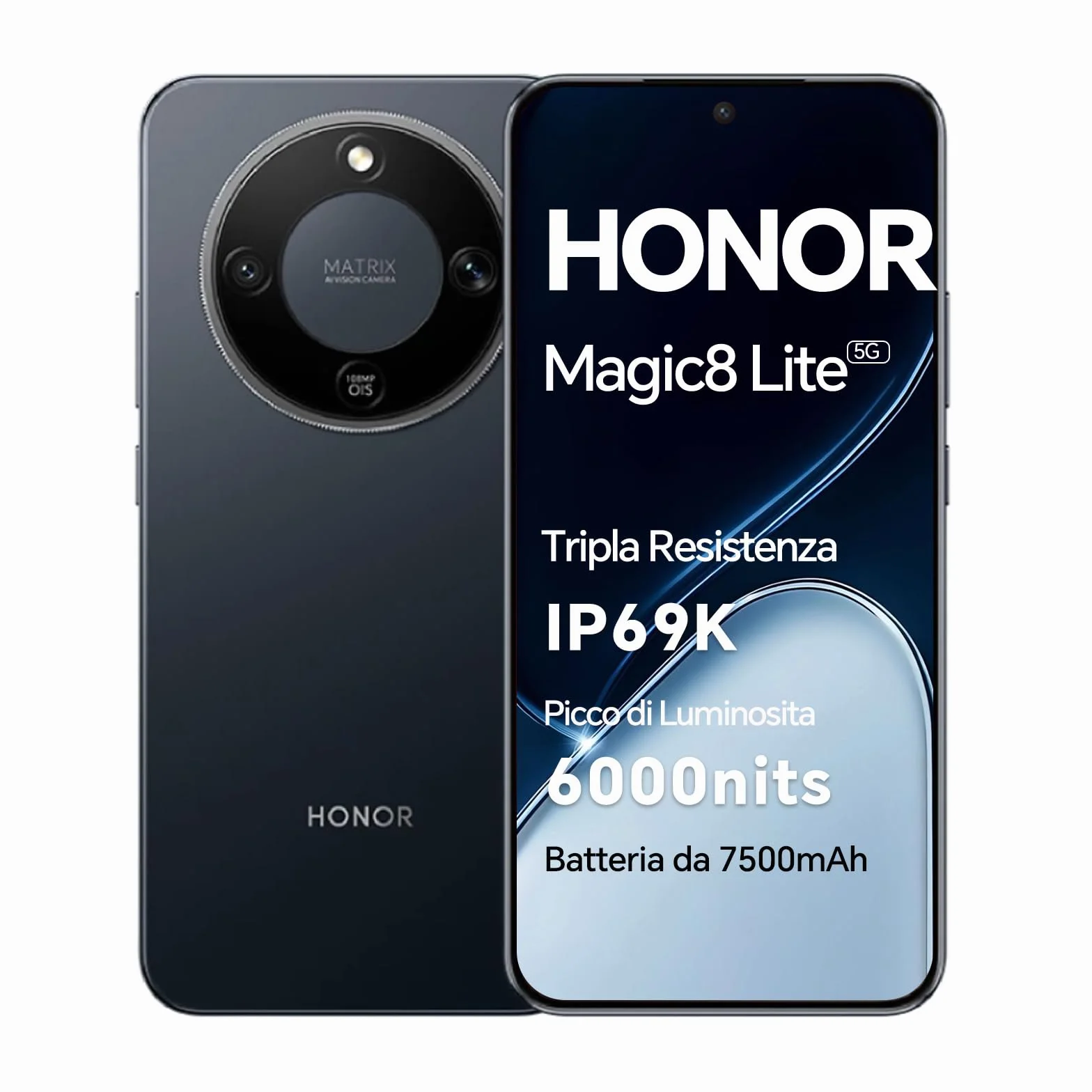 HONOR Magic8 Lite Smartphone 5G, display AMOLED da 6,79 pollici, tripla resistenza IP68/IP69K, batteria da 7500 mAh, fotocamera da 108 MP con OIS, doppia SIM, NFC (Black, 256, GB, GB, 8)