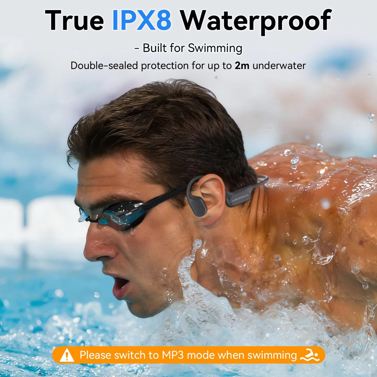 MONODEAL Cuffie Conduzione Ossea Subacquee per Piscina IPX8 Impermeabile Bluetooth 6.0 Auricolari MP3 Subacqueo 16G Auricolari Sport per Nuoto, Corsa