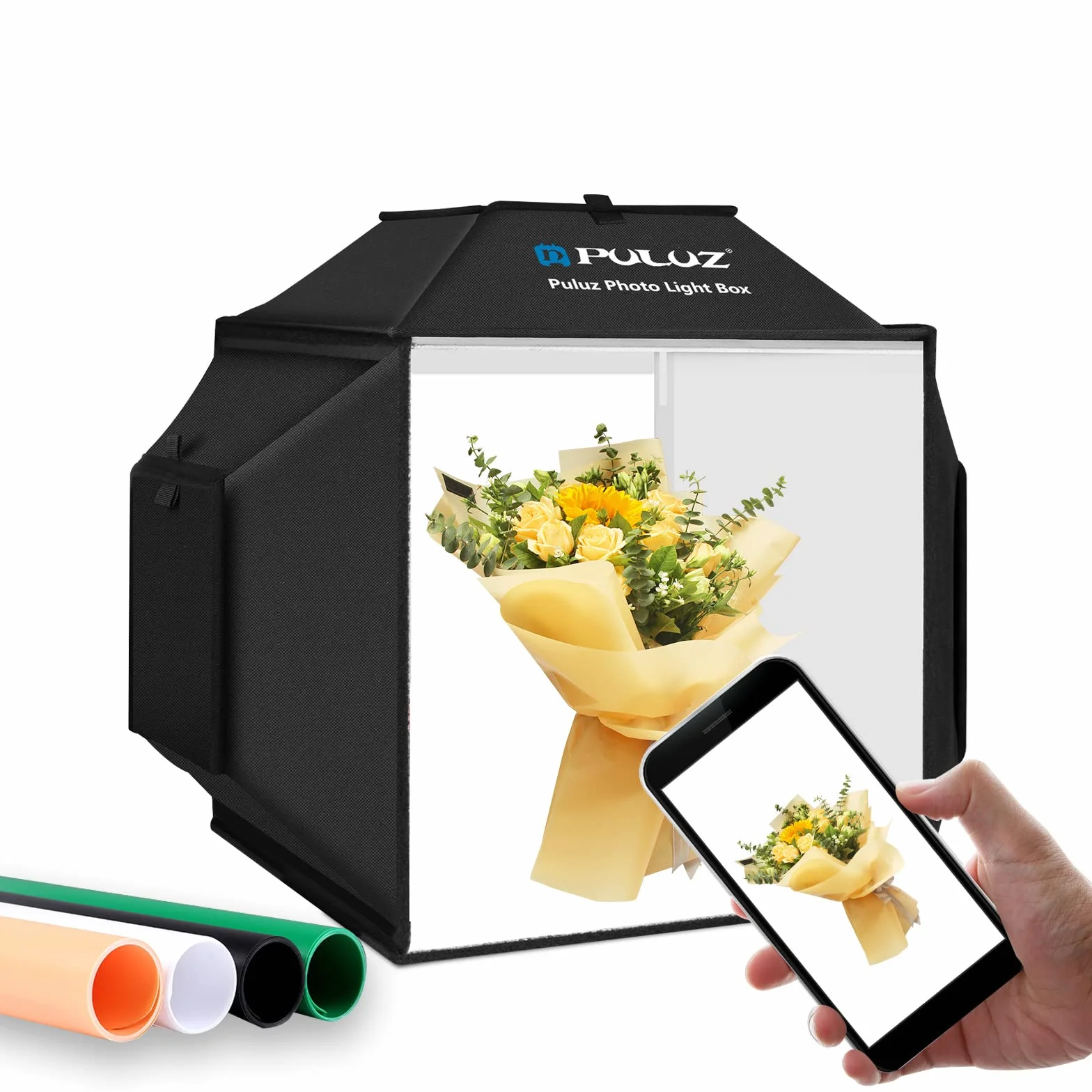 PULUZ 40 cm di ripresa tenda box, portatile 40,6 x 40,6 cm soft box Photo Lightbox Photo Kit Fotografia Studio Light Box con 4 colori sfondo LED pannello Kit
