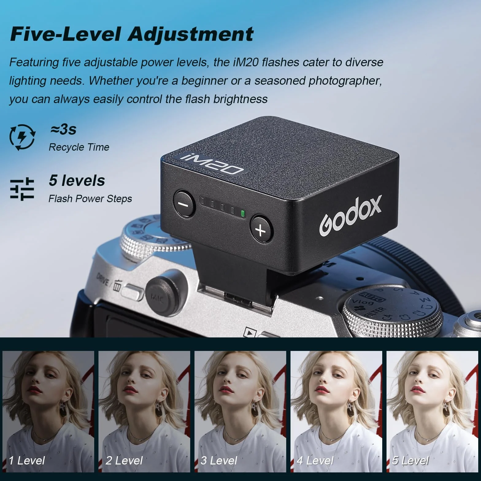 GODOX iM20 - Mini flash per fotocamera, 5 livelli di potenza del flash, 6000 K ± 200 K, mini flash con cupola di diffusione
