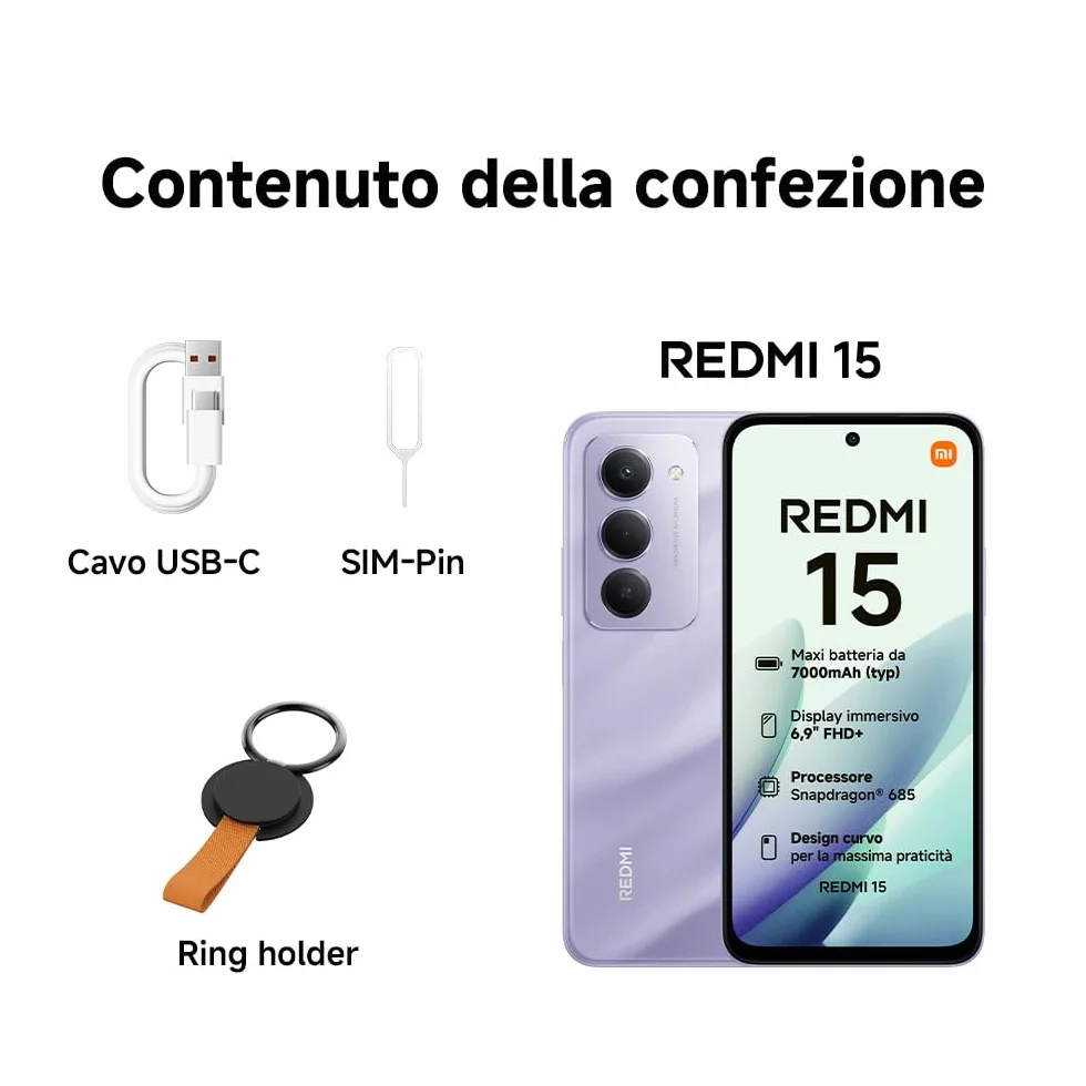 XIAOMI Redmi 15, Smartphone 8+256GB, DotDisplay FHD+ 144Hz da 6,9", Snapdragon 685, doppia fotocamera AI da 50MP, Batteria da 7000mAh, Garanzia di 2 anni, Nero, Caricabatterie non incluso