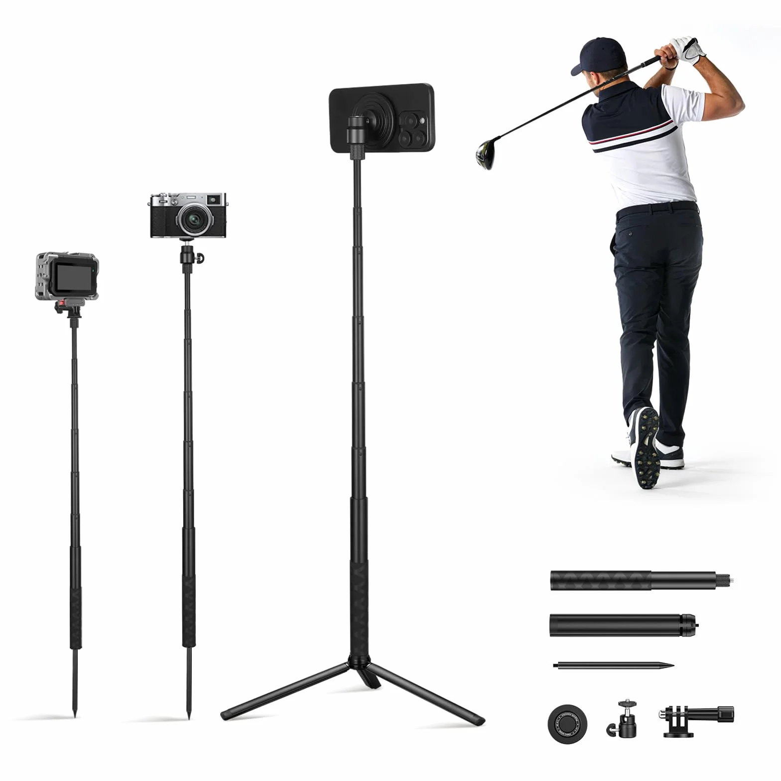 Bastone da golf magnetico 4 in 1 in alluminio N52 per selfie con picchetto e vite da 1/4", supporto per telefono da golf per registrazione swing da golf, compatibile con Magsafe iPhone 16 15 14 13 12