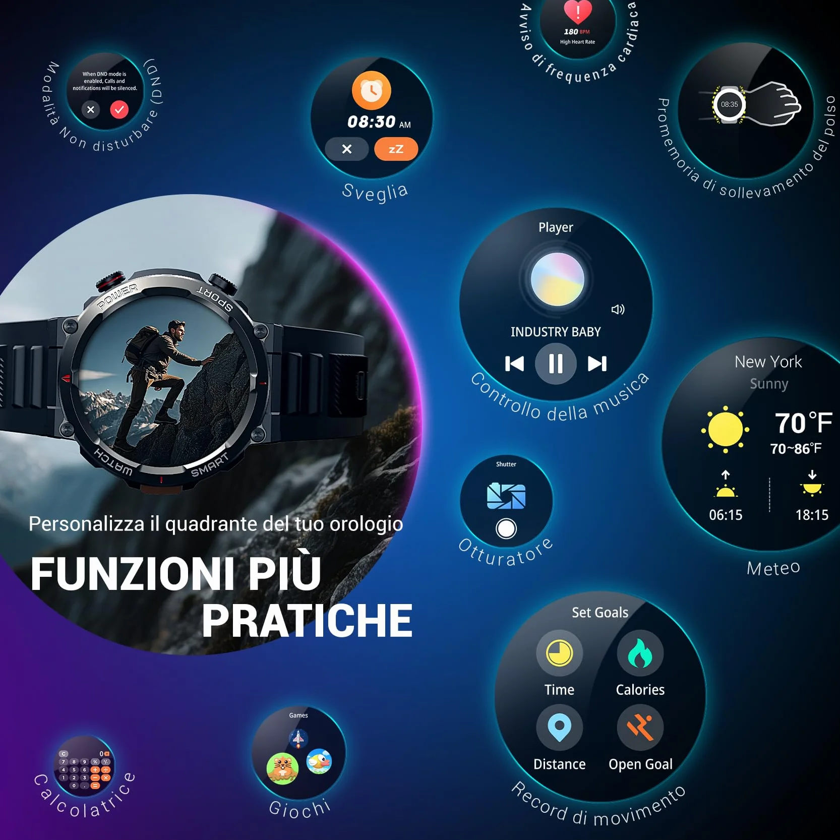 Blackview Smartwatch Uomo, Orologio Intelligente Fitness con Chiamate Bluetooth,1.45" Militari Smart Watch Tracker 100+ Modalità Sportive per Cardiofrequenzimetro,SpO2, Torcia,Bussola per Android iOS