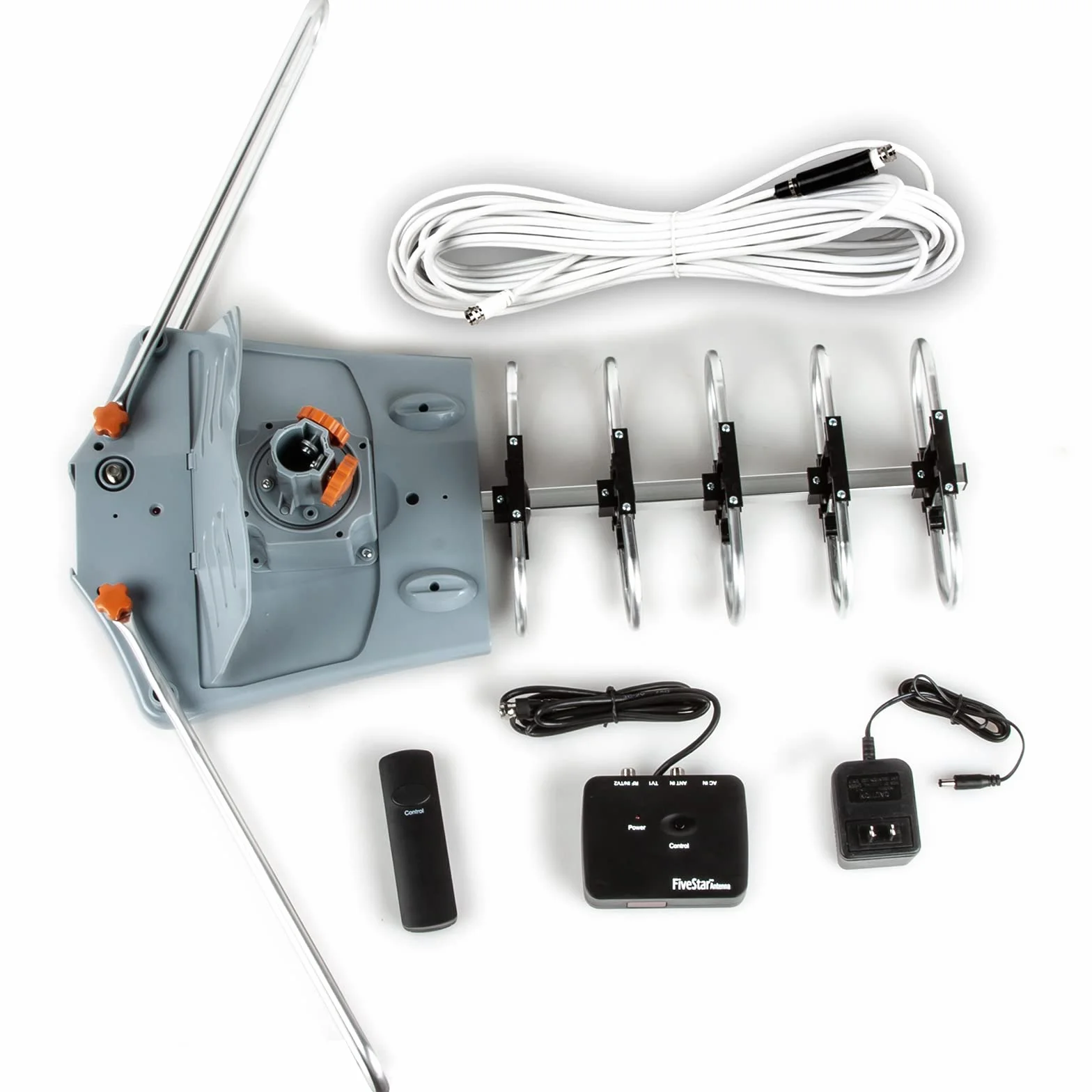 Five Star Antenna esterna motorizzata a 360 gradi con amplificazione HDTV per 2 TV, portata 241 km - Canali UHF/VHF/1080P, telecomando wireless - Cavo coassiale RG6 da 12 m