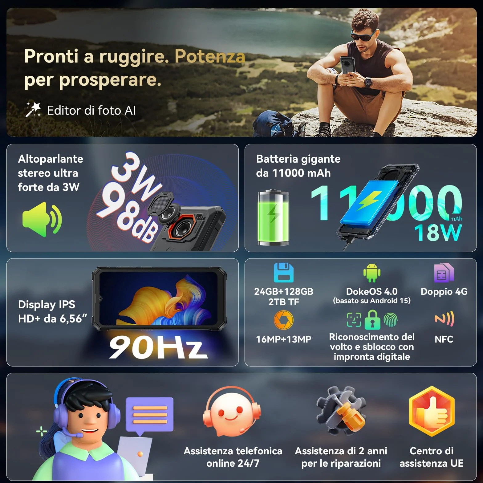 Blackview BV6200 Plus Rugged Smartphone 2026, Batteria 11000mAh Telefono Indistruttibile 24GB+128GB/2TB TF, 6.56" HD+, 98dB Altoparlante, Fotocamera AI 16MP+13MP, Fingerprint/NFC/GPS/3 Anni Garanzia