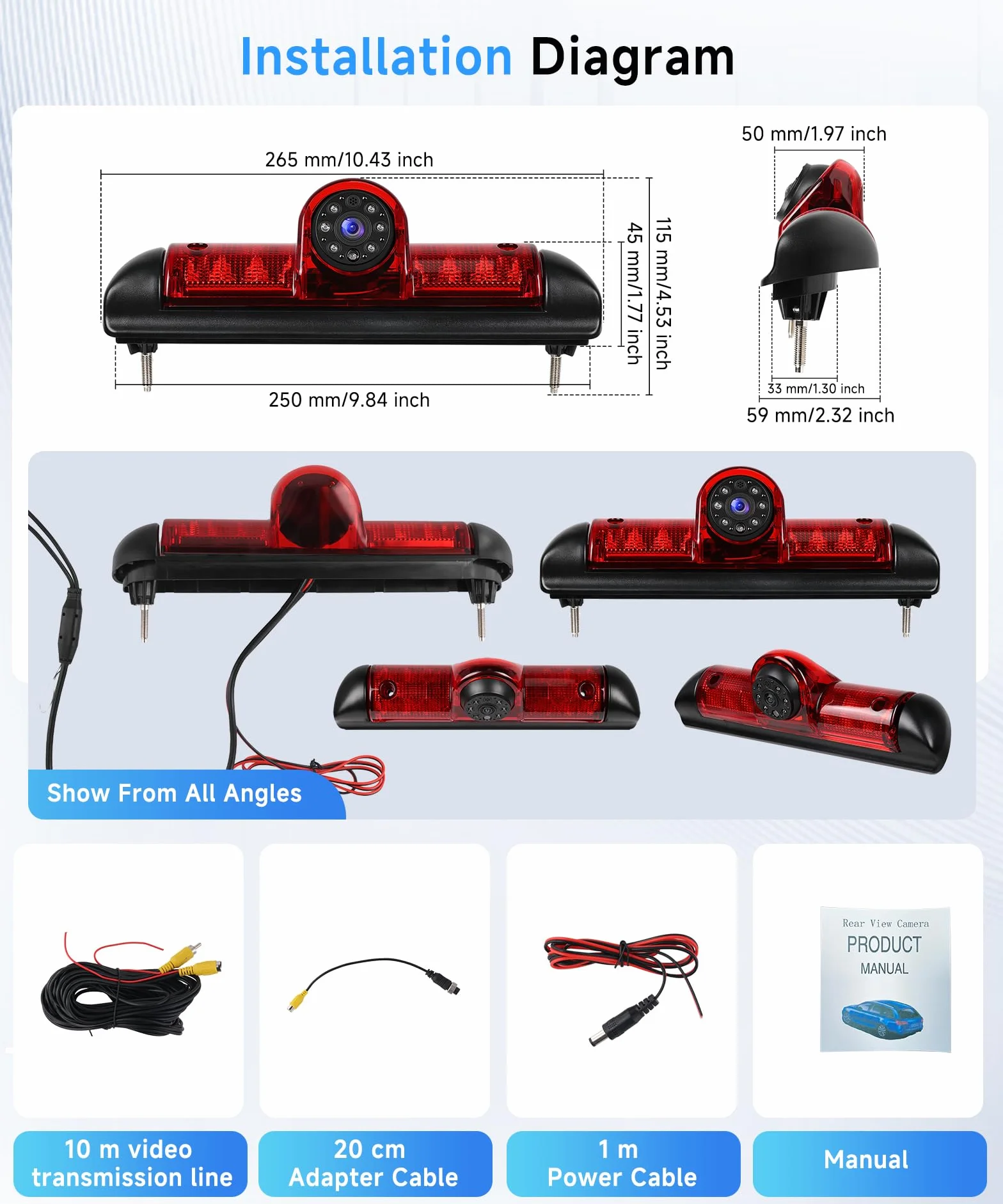 Hodozzy Telecamera Posteriore per FIAT Ducato 3/Peugeot Boxer/Citroen Jumper, Telecamera per Terza Luce di Stop, Visione Notturna a IR, Impermeabile IP67, Angolo Regolabile, con Linea di Retromarcia
