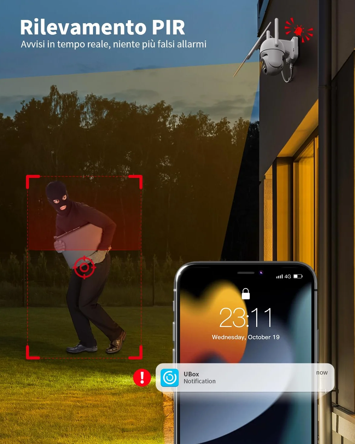 4G LTE Telecamera con SIM Scheda, 2K 360° PTZ Telecamera Senza Fili Esterno con Pannello Solare, Visione Notturna a Colori, Audio Bidirezionale, PIR Rilevamento Videocamera, IP66 (Senza WiFi)