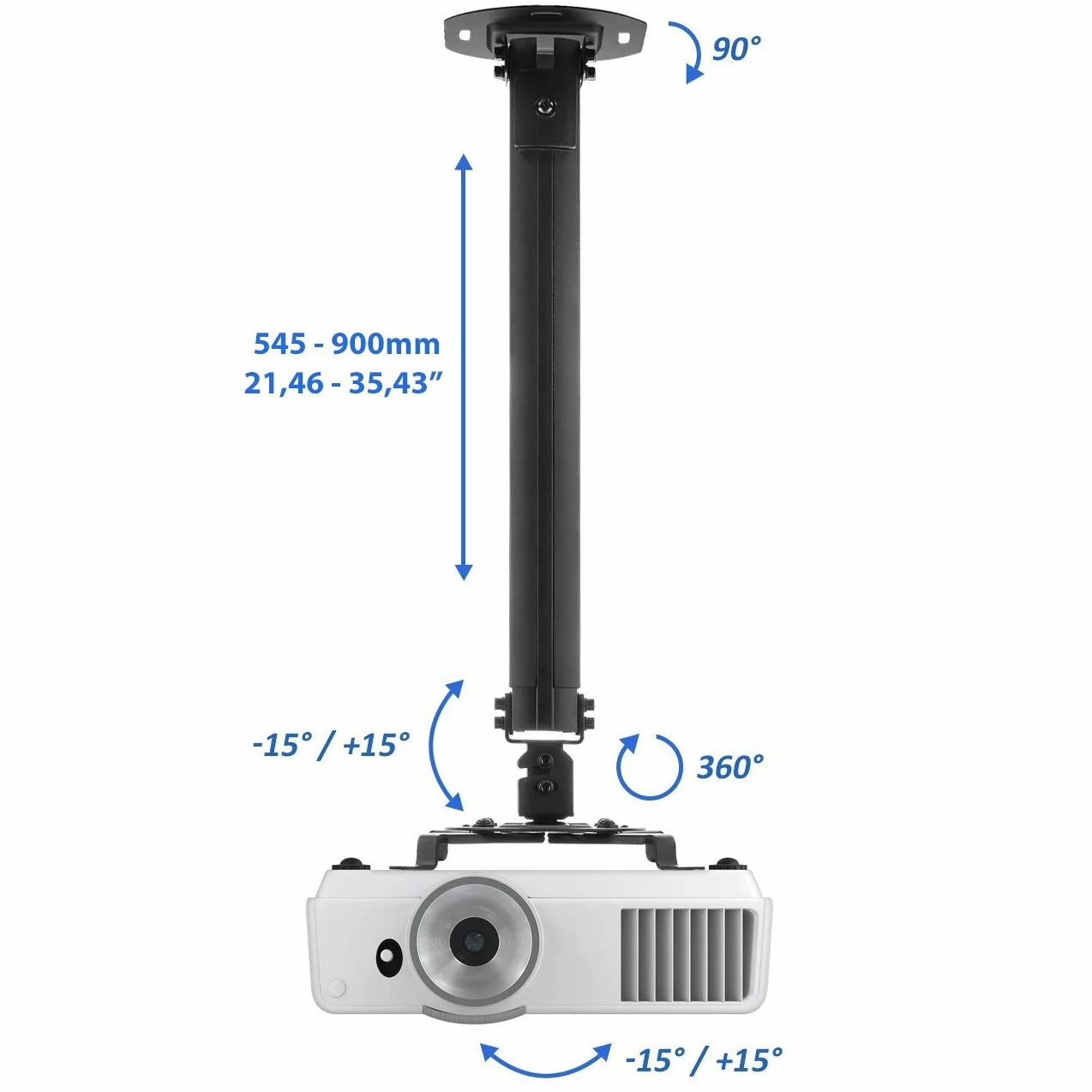 deleyCON Supporto per Videoproiettore Universale da Soffitto Inclinabile di +/- 15° Girevole a 360° Portata 13,5Kg Regolabile in Altezza da 545mm a 900mm - Nero