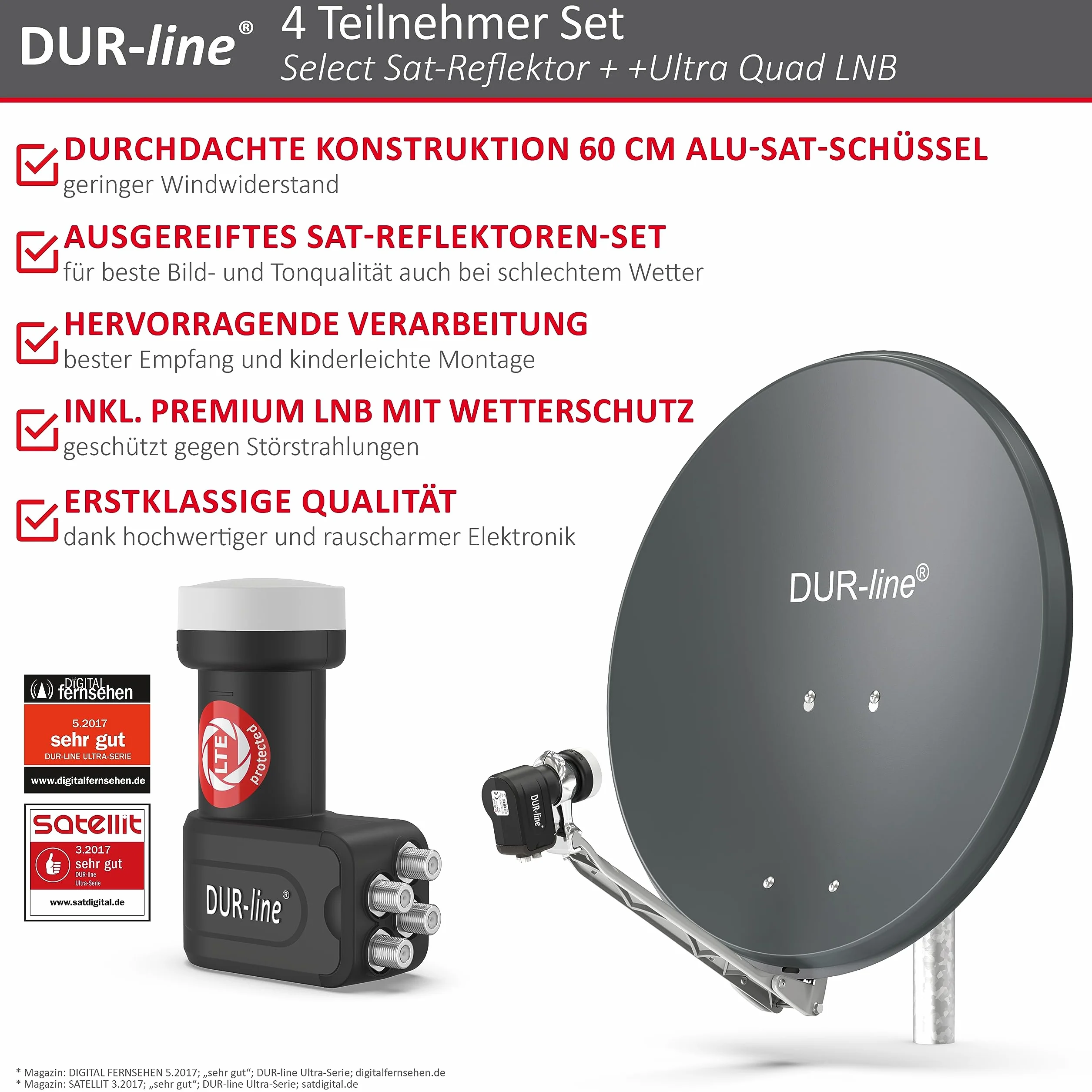 DUR-line Set da 4 partecipanti – Impianto satellitare in alluminio di alta qualità – Select 60 cm/65 cm specchio/ciotola antracite + Quad LNB – per 4 ricevitori/TV [Tecnologia all'avanguardia, DVB-S2,