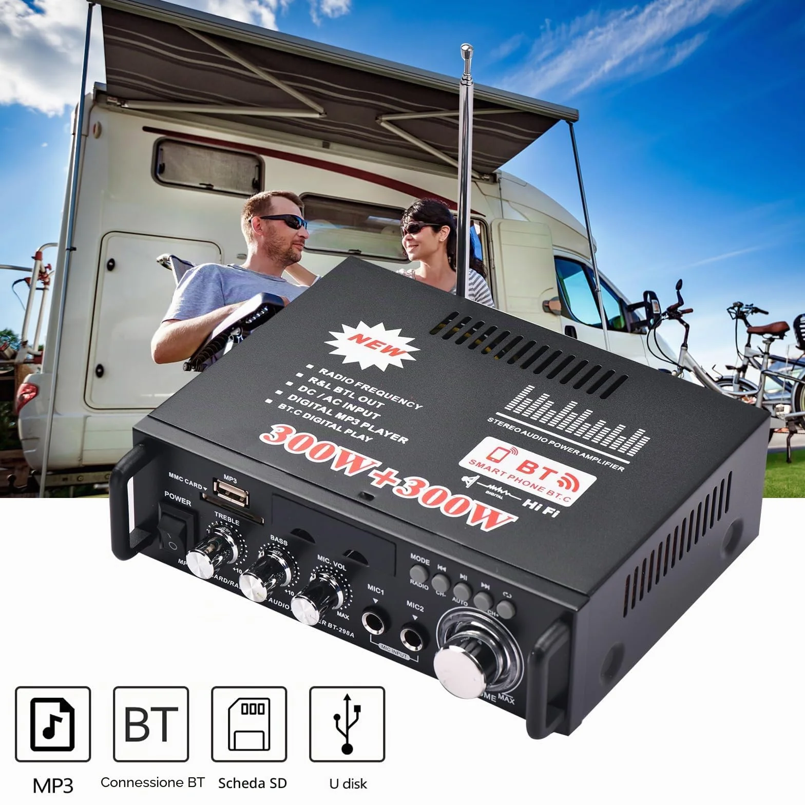 Docooler 600W Amplificatore Audio,HiFi Audio Stereo Bluetooth Radio Portatile per Auto o Casa, con Telecomando ed Mini Display 2CH LCD, 12 V / 220 V