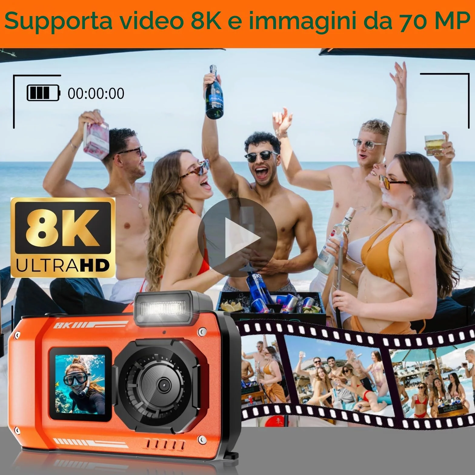 8K 70MP Macchina Fotografica Digitale - MaxMango 33 FT Macchina Fotografica Subacquea, 18X Doppio Schermo Selfie Robusta Antipolvere Antiurto Autofocus, 64GB Fotocamera Digitale