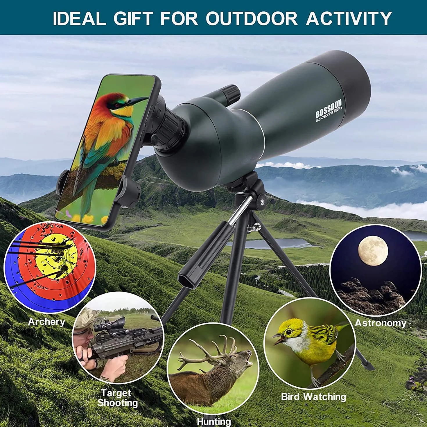 Cannocchiale, zoom 20-75x70mm Lente ottica completamente multistrato antiappannamento e mobile Telescopio con design in gomma per oculare con kit di montaggio rapido per smartphone e treppiede
