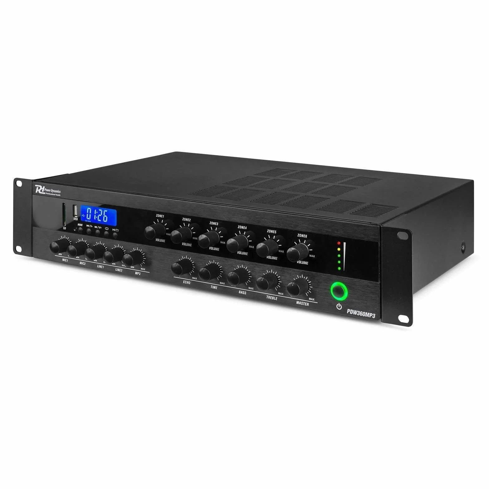 100v versterker met 6 zones - Power Dynamics PDW360MP3 - 100 volt versterker met Bluetooth - 360W