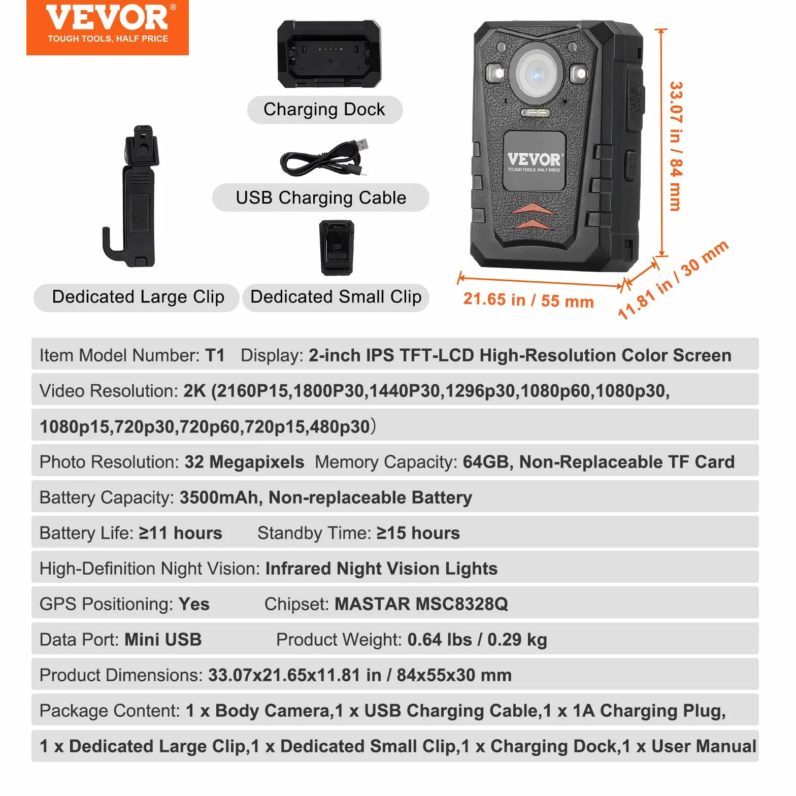 VEVOR Telecamera per Corpo della Polizia HD 1440P, 64 GB Audio Video, Batteria Integrata da 3500 mAh, LCD 5 cm, Visione Notturna Infrarossi, Telecamera Corpo Personale Impermeabile Forze dell'Ordine