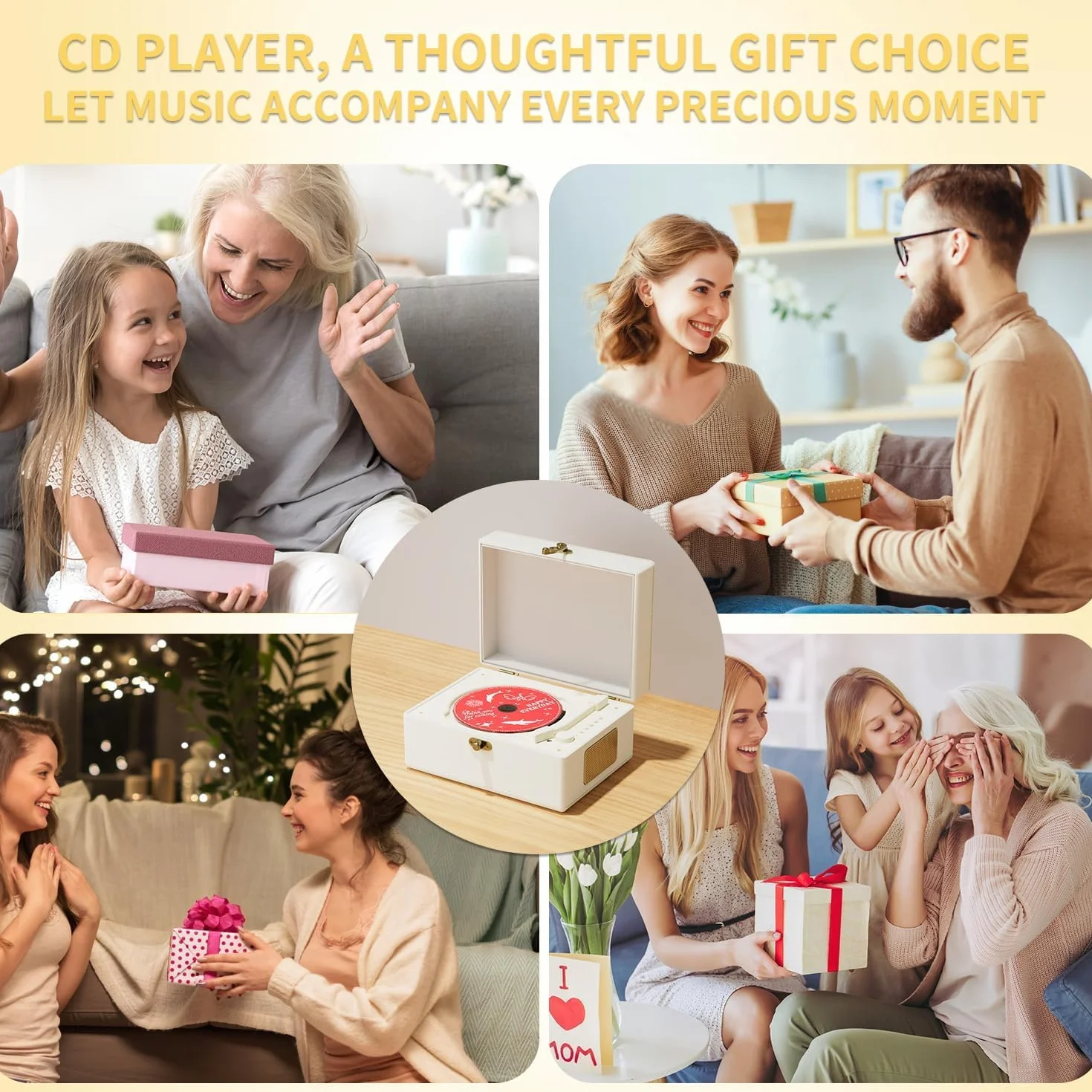 Yintiny Rechargeable Leather CD Player with Speakers; Bluetooth Transmitter; Festival Gift; BGM Player for Home Décor (White)