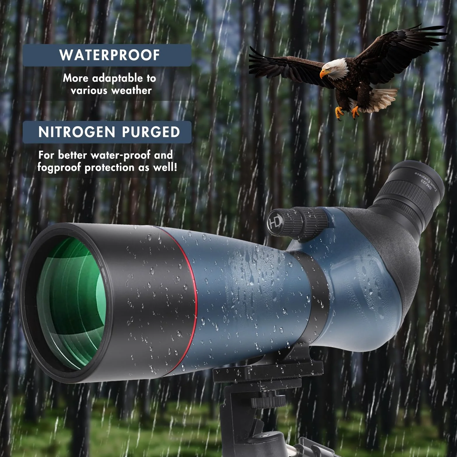Telescopio ultra HD 25-75 x 70, doppia messa a fuoco, impermeabile, obiettivo FMC, prisma BAK4, custodia, treppiede, caccia, bird watching, paesaggi selvatici (blu)