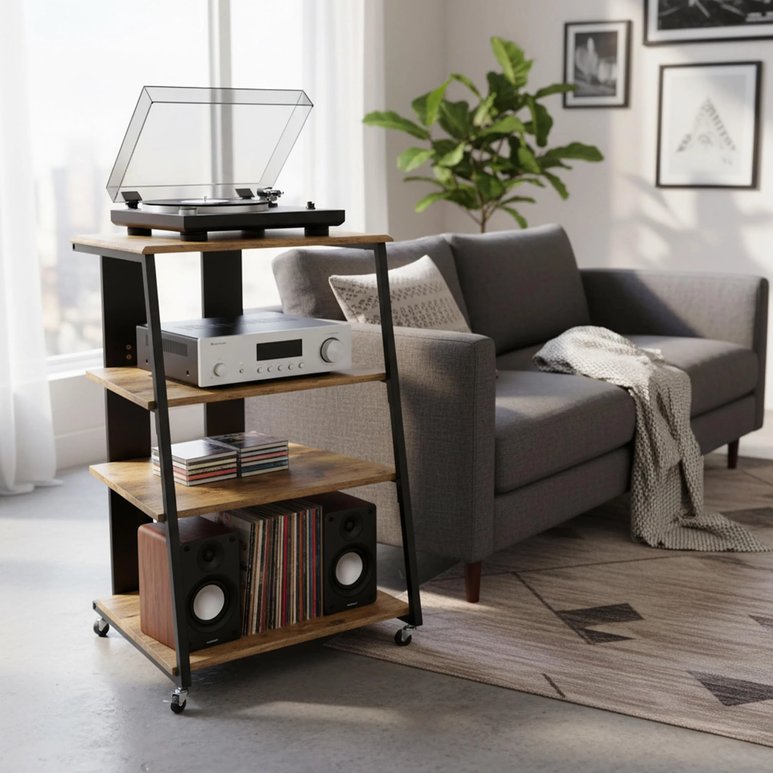 Relaxdays HiFi Rack, 4 Ripiani per Giradischi, in Ferro e MDF, 78x61x52 cm, multimediale Industriale, Marrone/Nero