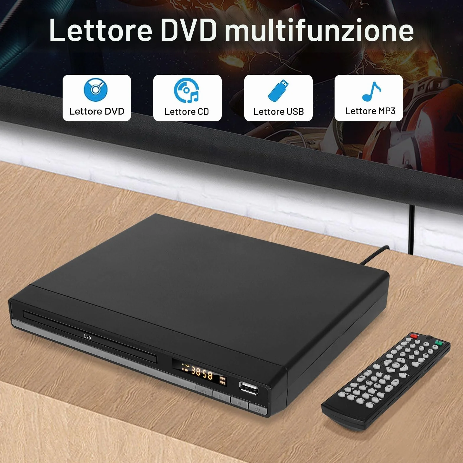 Lettore DVD HD con Porta HDMI per Smart TV | CD MP3 con Ingresso USB | Cavo HDMI e RCA Incluso | Perfetto per i Film per Famiglie (DVD-168)