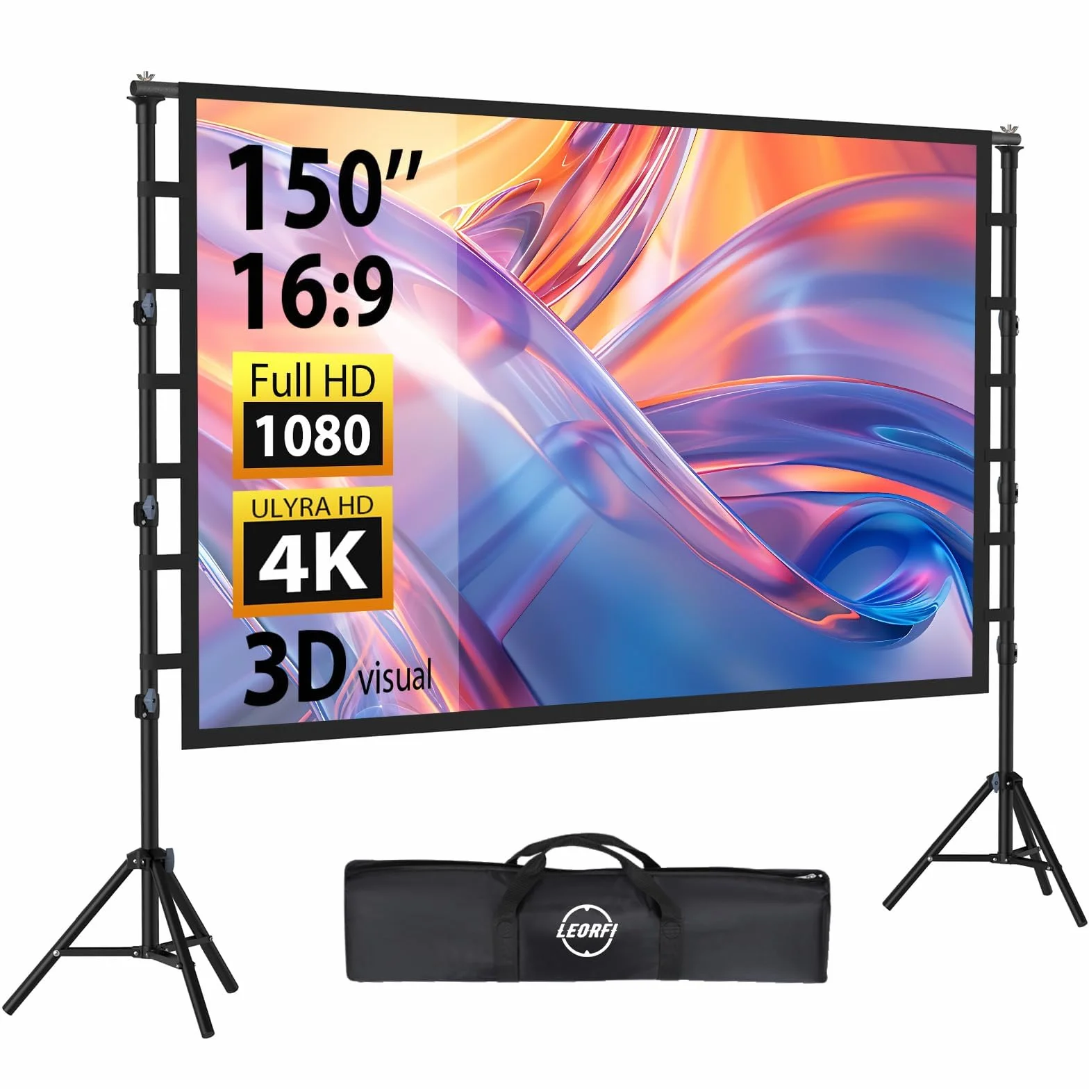 Schermo per Proiettore 150” Pollici con Treppiedi, LEORFI Schermo di Proiezione Supporta 4K Full HD 16:9, Schermo Portatile Pieghevole, Altezza Regolabile, Campeggio All'aperto e Teatro Domestico