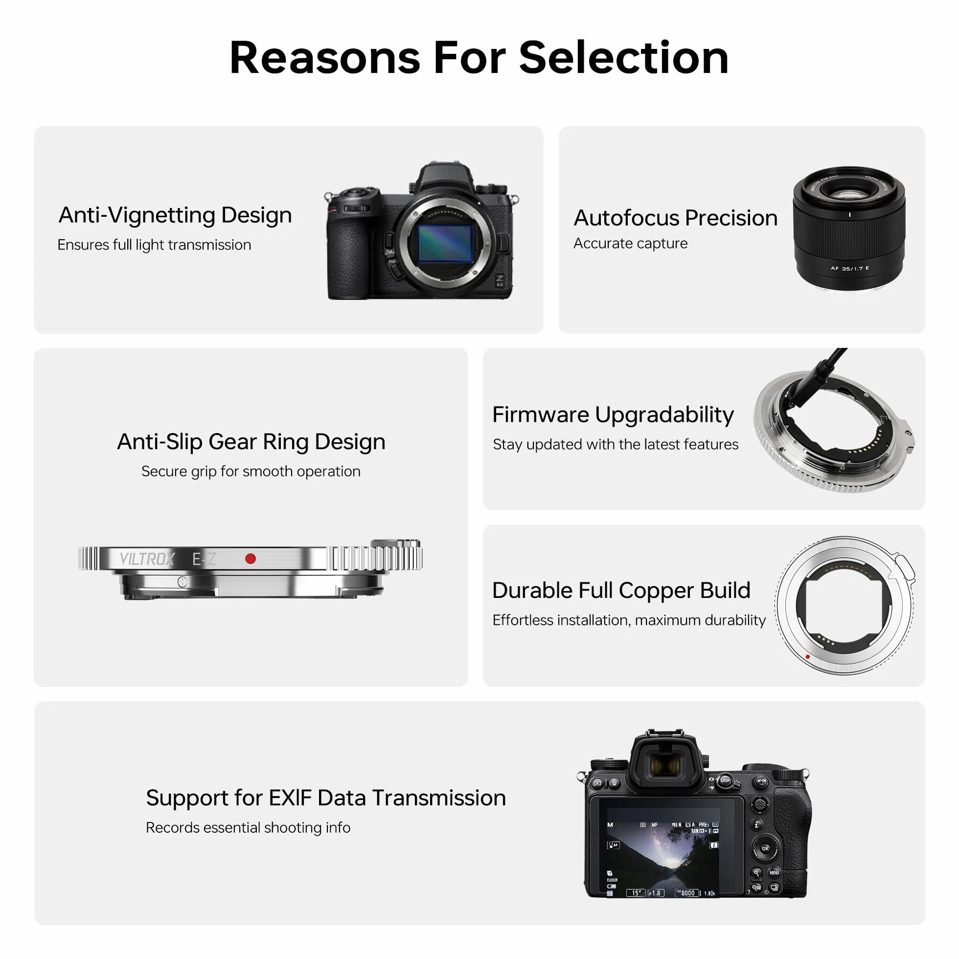 VILTROX E-Z Adattatore per obiettivo, convertitore per obiettivo autofocus Anello adattatore compatibile con obiettivi attacco E per fotocamere mirrorless Nikon attacco Z Z5 Z50 Z6 Z6II Z7 Z7II Zfc