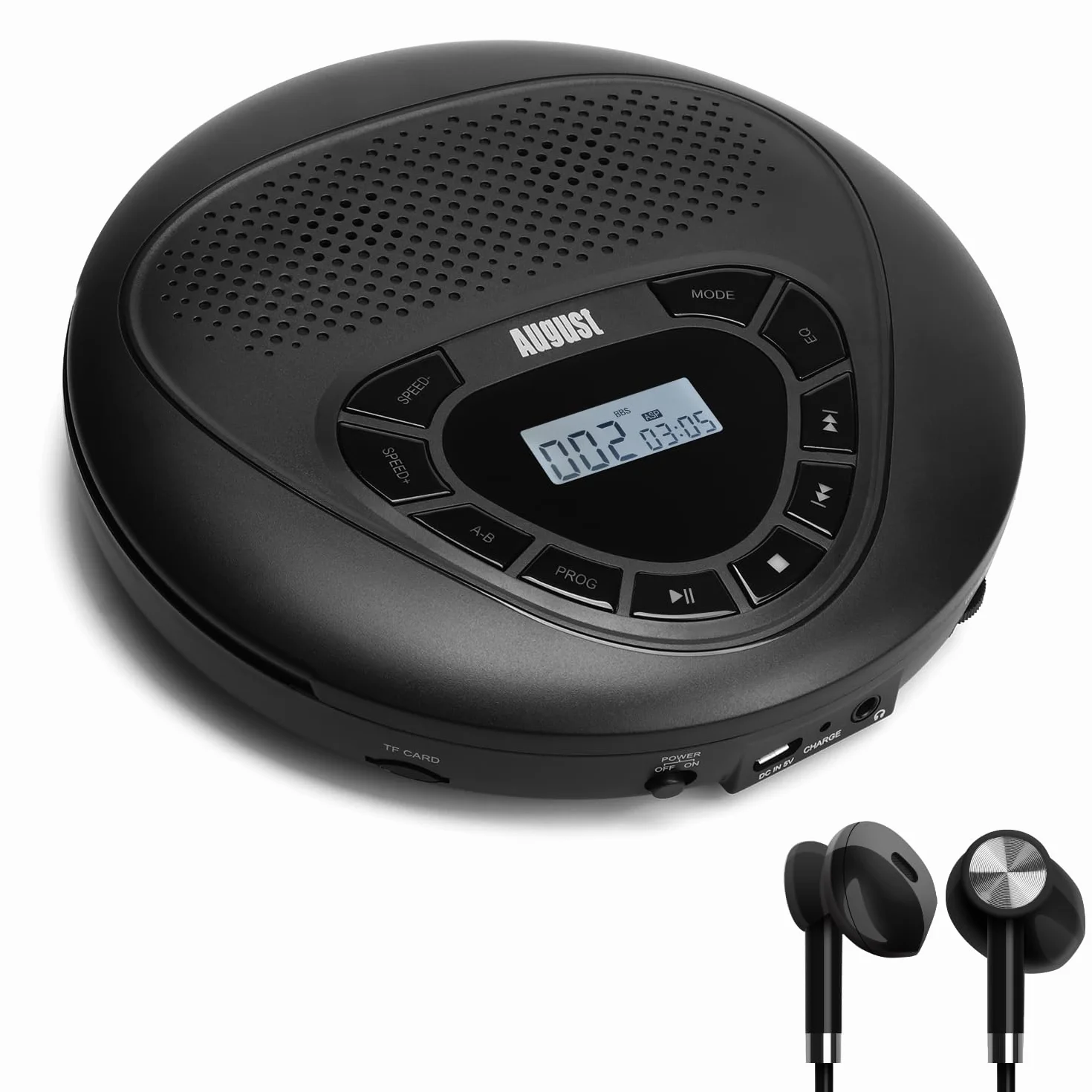 August SE10 Lettore CD Portatile con Altoparlanti, Batteria Ricaricabile, Anti-shock, Aux out, Micro SD, Nero