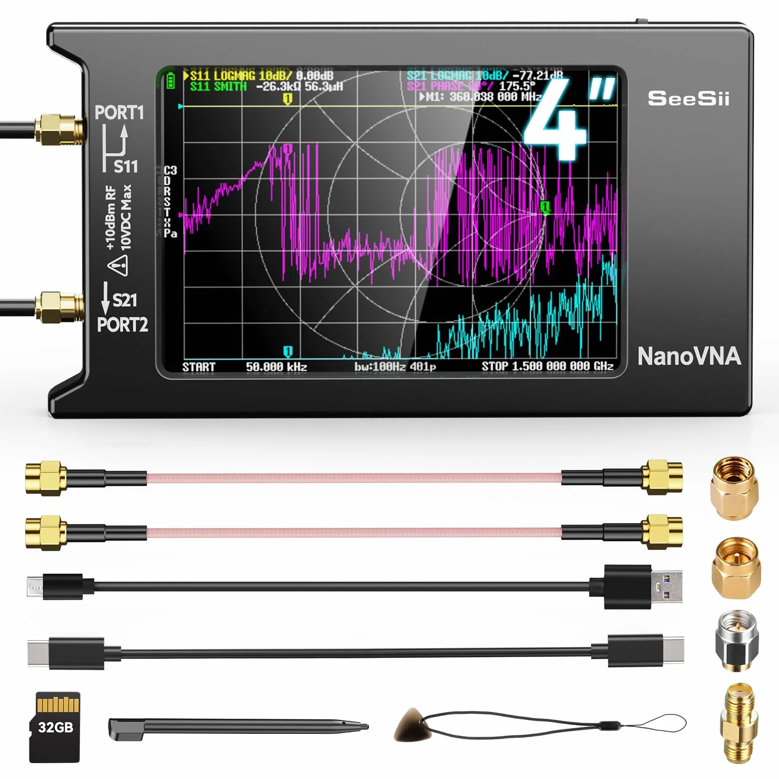 SeeSii NanoVNA-H4 Analizzatore di Rete Vettoriale con Scheda 32GB, Analizzatore di Antenna VNA V4,4 9KHz - 1,5GHz HF VHF UHF con 4'' Schermo Tattile per Parametri S, Diagramma di Smith