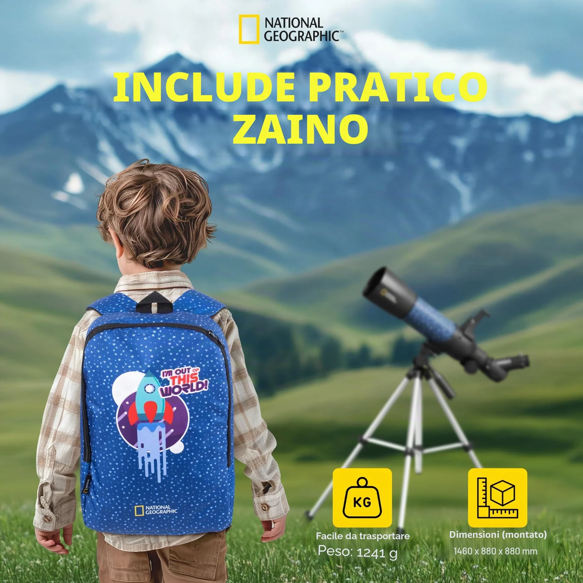 National Geographic smartes AR - Telescopio per bambini con treppiede, zaino, supporto per smartphone e app di realtà aumentata