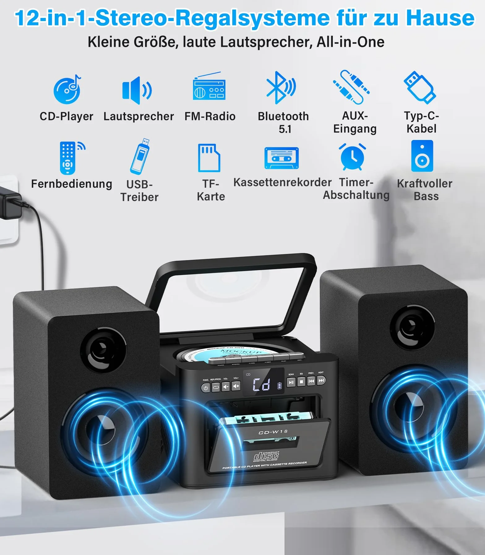 Greadio Sistema stereo con lettore CD e registratore Cassette, altoparlante da 40 W con Bluetooth 5.1, lettore di cassette con radio FM, USB, TF, AUX, telecomando, attrezzatura musicale HiFi