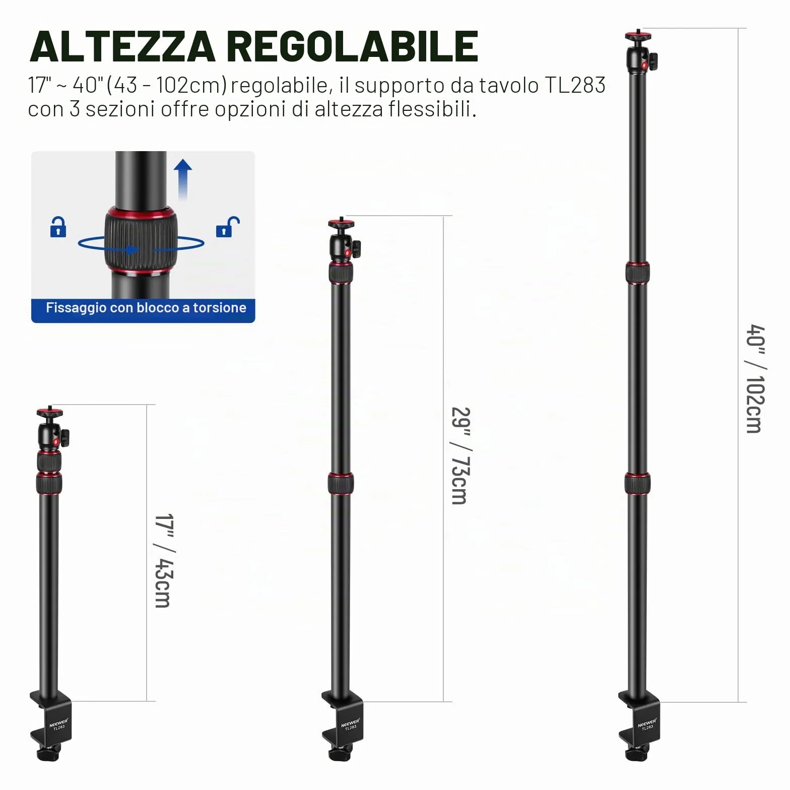 NEEWER Stand Estensibile da Tavolo con 1/4” Testa a Sfera, 43-102cm Regolabile Cavalletto con 1/4” Vite Adattatore & Morsetto-C per Reflex Digitali Luci Anulari Streaming Vlog, Massima Portata 3kg