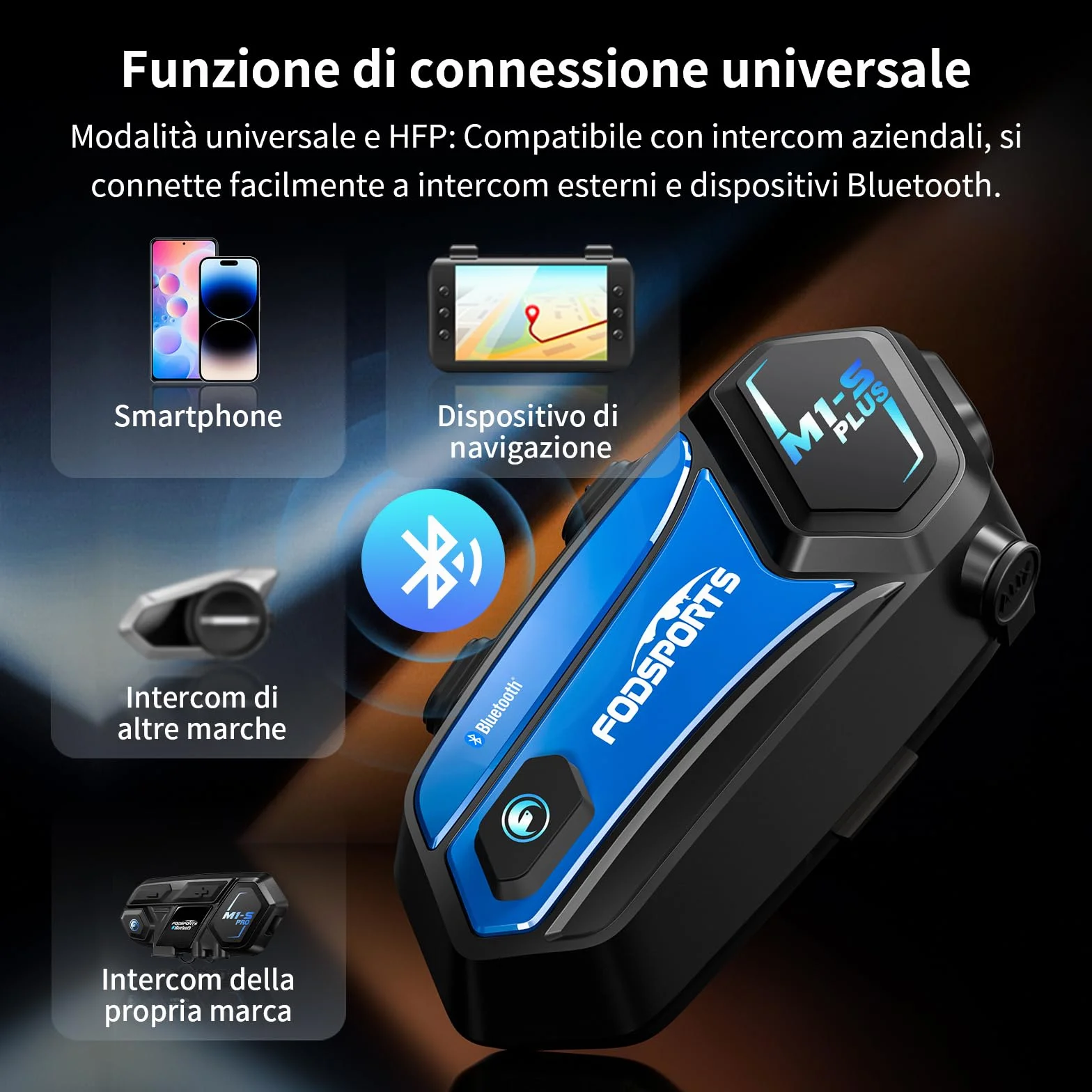 Fodsports M1-S Plus Interfono Moto con Condivisione Musica,Auricolare Casco Bluetooth Coppia,2000M Sistema di Comunicazione Casco,Fino a 10 Persone, Audio Multitasking Cablato,Universale Sciare/ATV