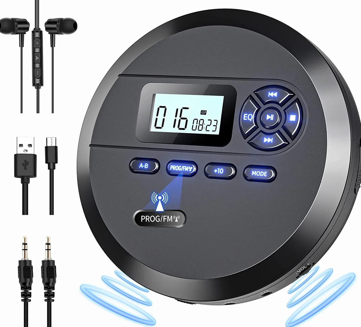 DESOBRY Lettore CD portatile con altoparlanti e trasmettitore FM, lettore CD per auto, batteria integrata da 2000 mAh, schermo LCD